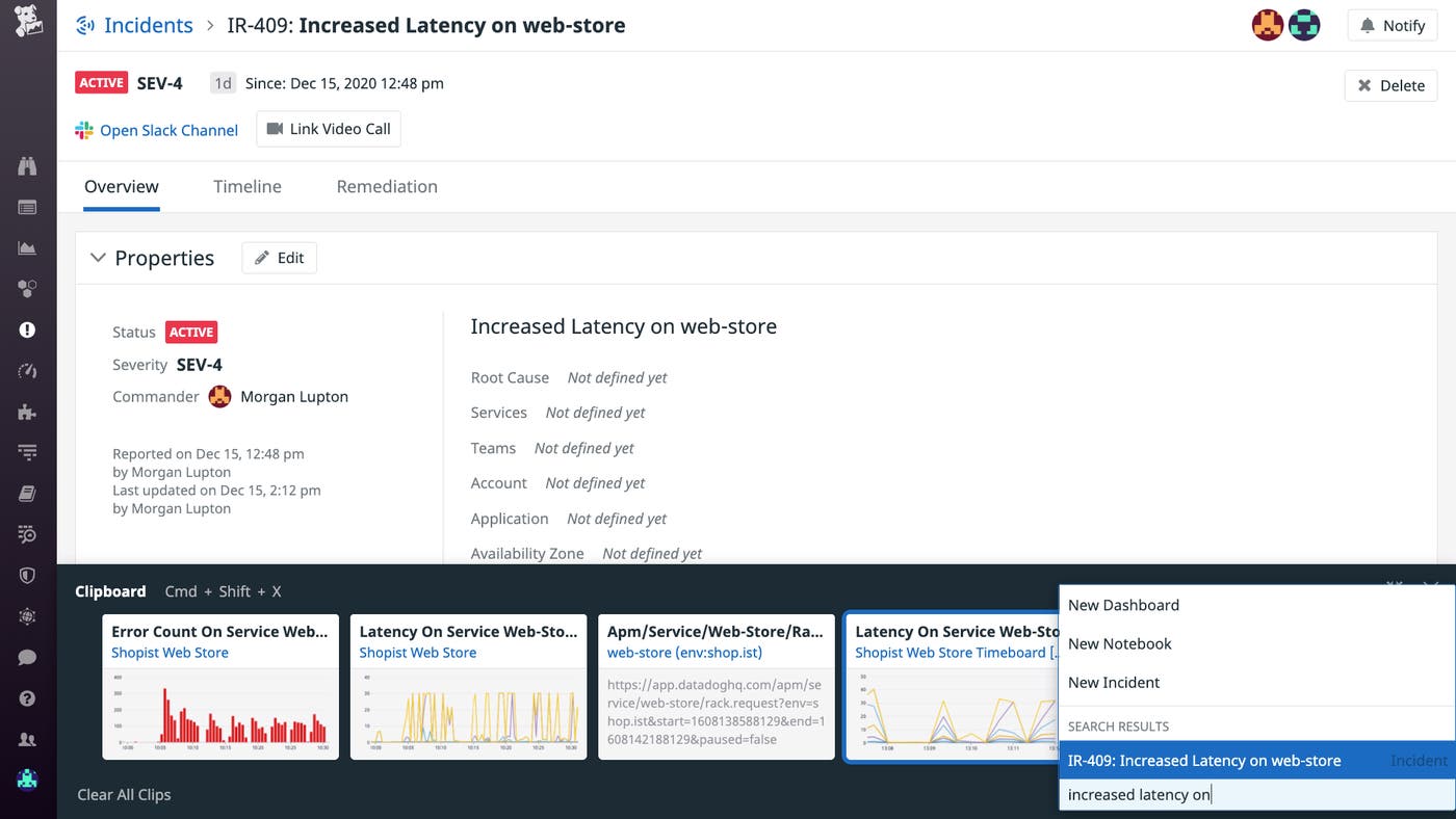 Declaring an incident from the Datadog Clipboard. Declaring an incident from the Datadog Clipboard.