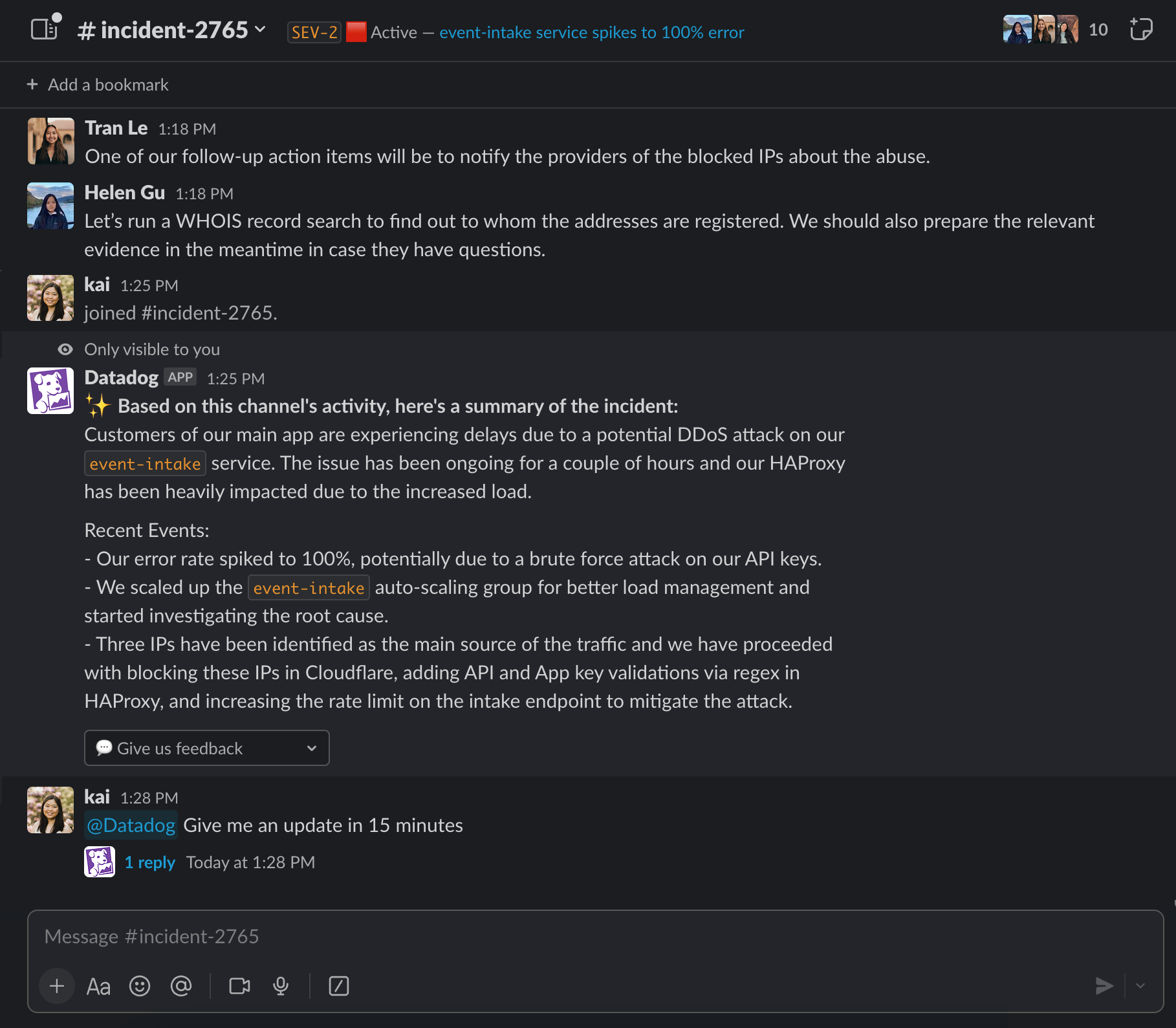 Bits AI automatically provides incident summaries to quickly bring responders up to speed