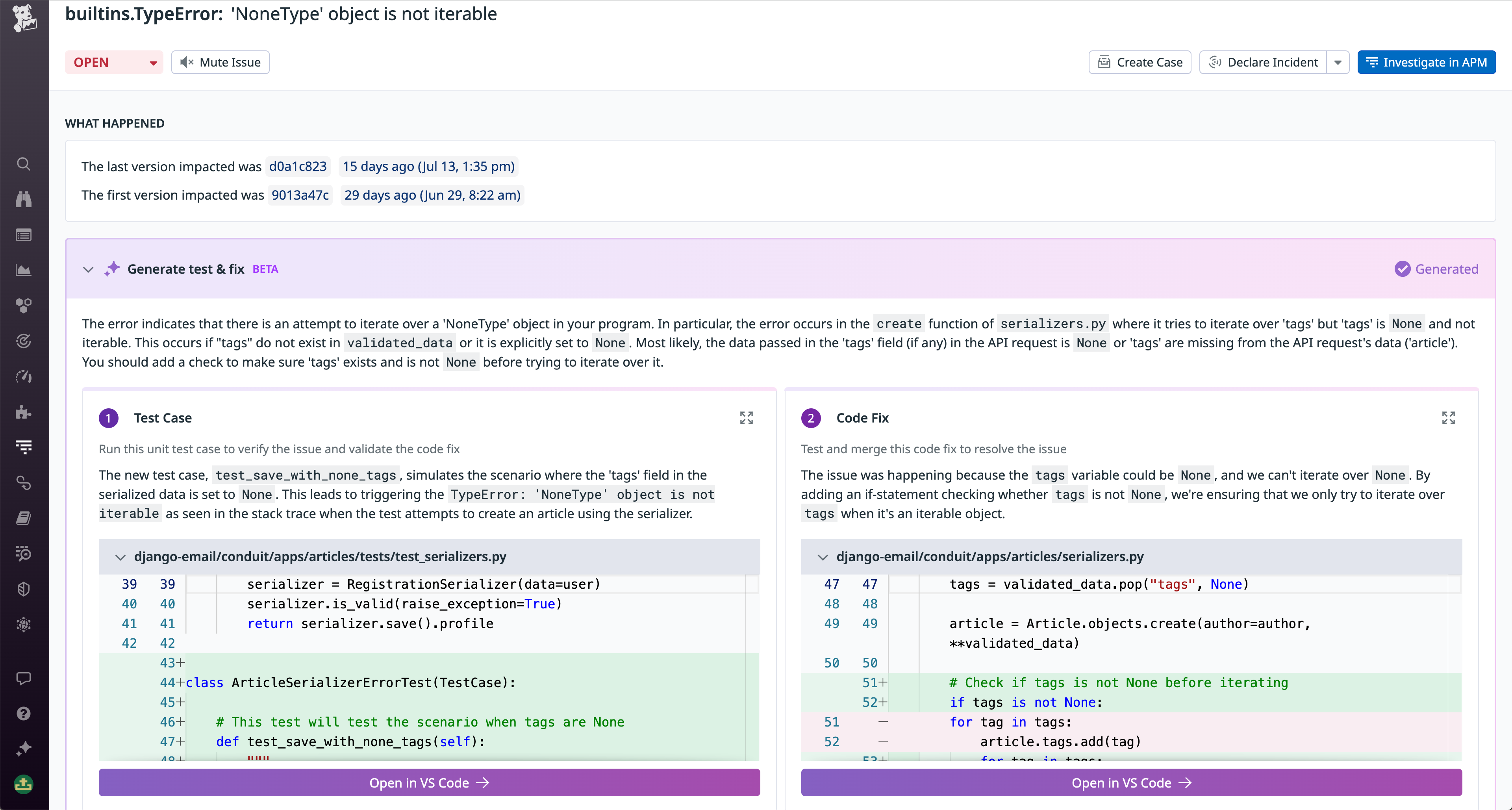 Datadog Error Tracking gives you automated code fix suggestions and generates unit tests for you.