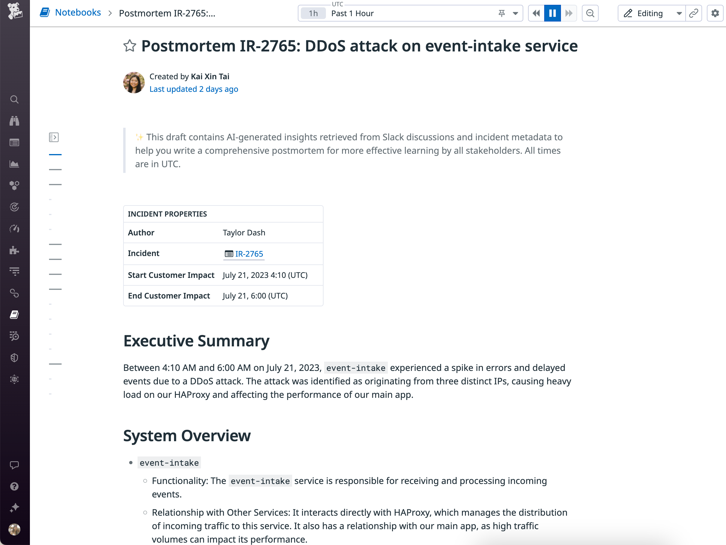 Bits AI can help you wrap an incident by drafting the postmortem for you.