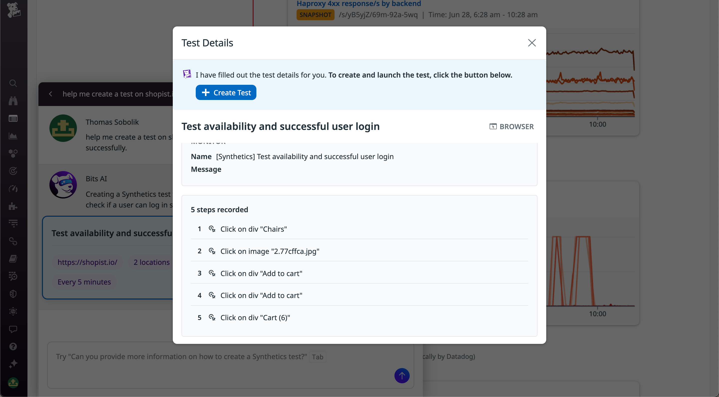 Bits AI can create synthetic tests for you based on your prompts.