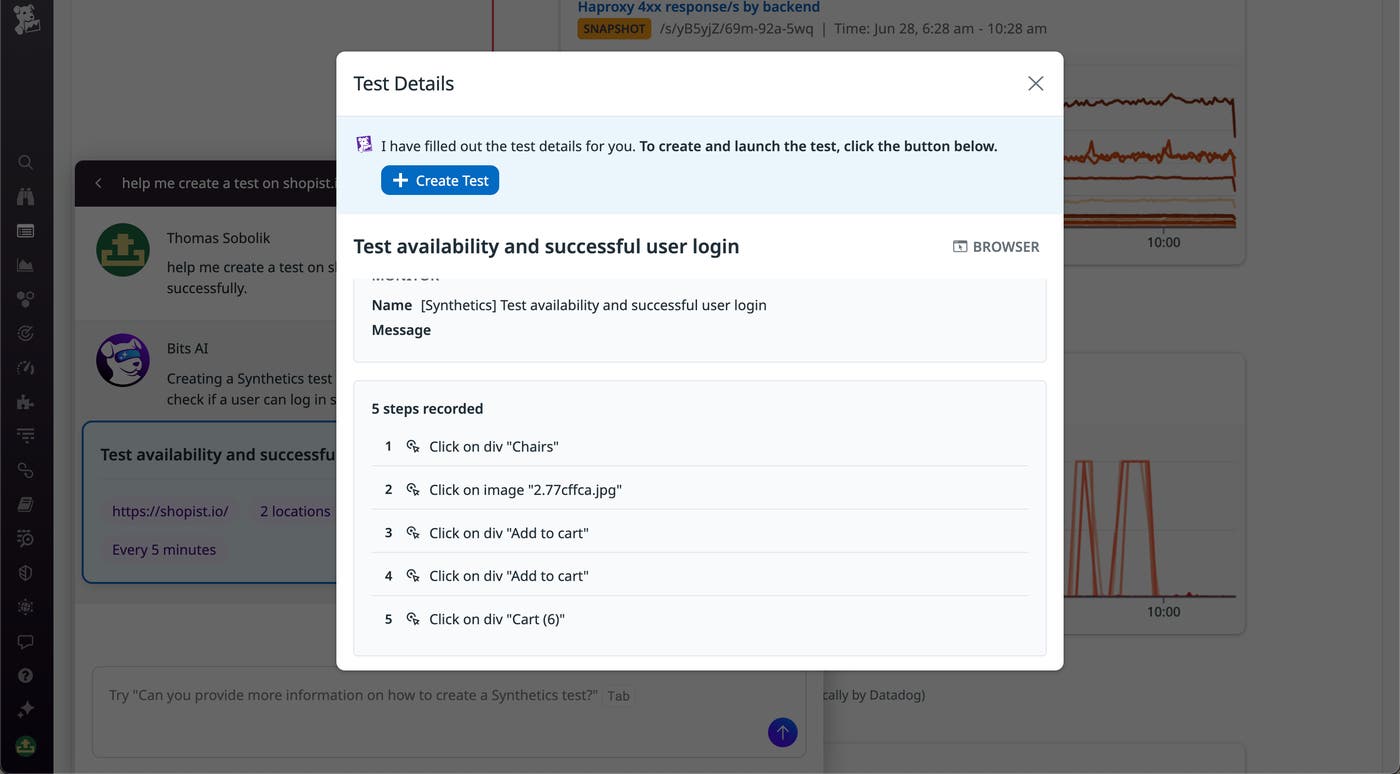 Bits AI can create synthetic tests for you based on your prompts. Bits AI can create synthetic tests for you based on your prompts.