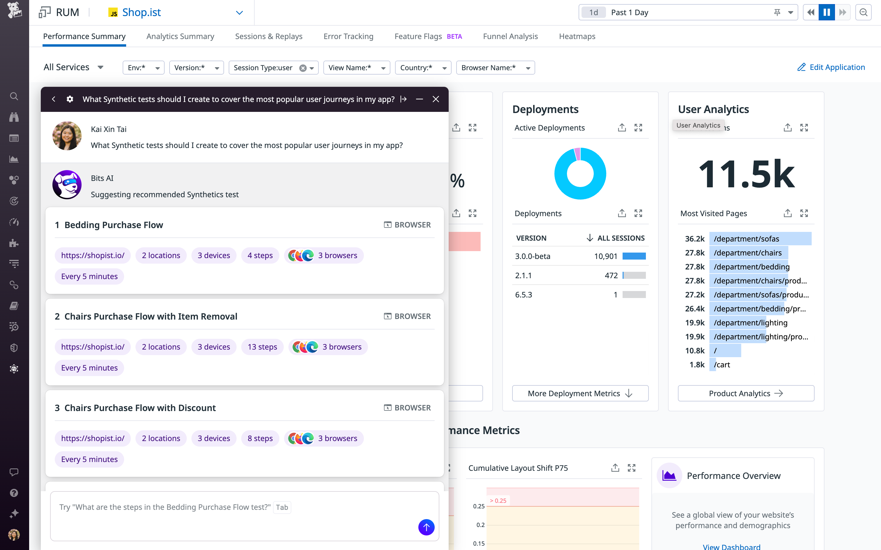 Bits AI can suggest synthetic tests for you based on your prompts.