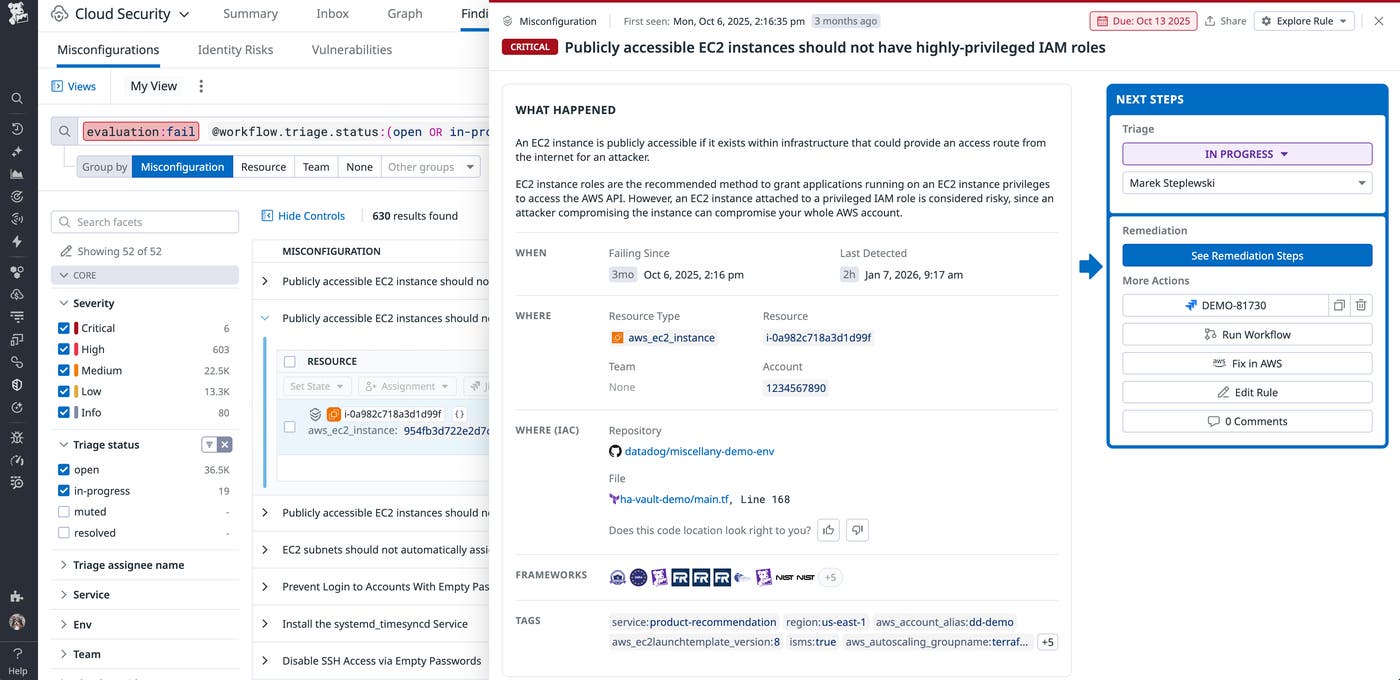 Compliance findings list showing misconfigurations mapped to frameworks and remediation guidance. Compliance findings list showing misconfigurations mapped to frameworks and remediation guidance.