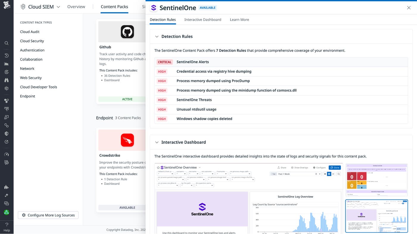 Get started quickly with Datadog's Cloud SIEM content pack for SentinelOne Get started quickly with Datadog's Cloud SIEM content pack for SentinelOne