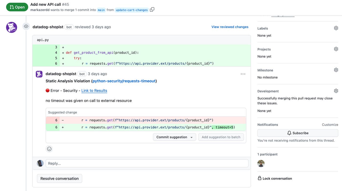 Flag code violations in your pull request with Datadog's GitHub integration. Flag code violations in your pull request with Datadog's GitHub integration.