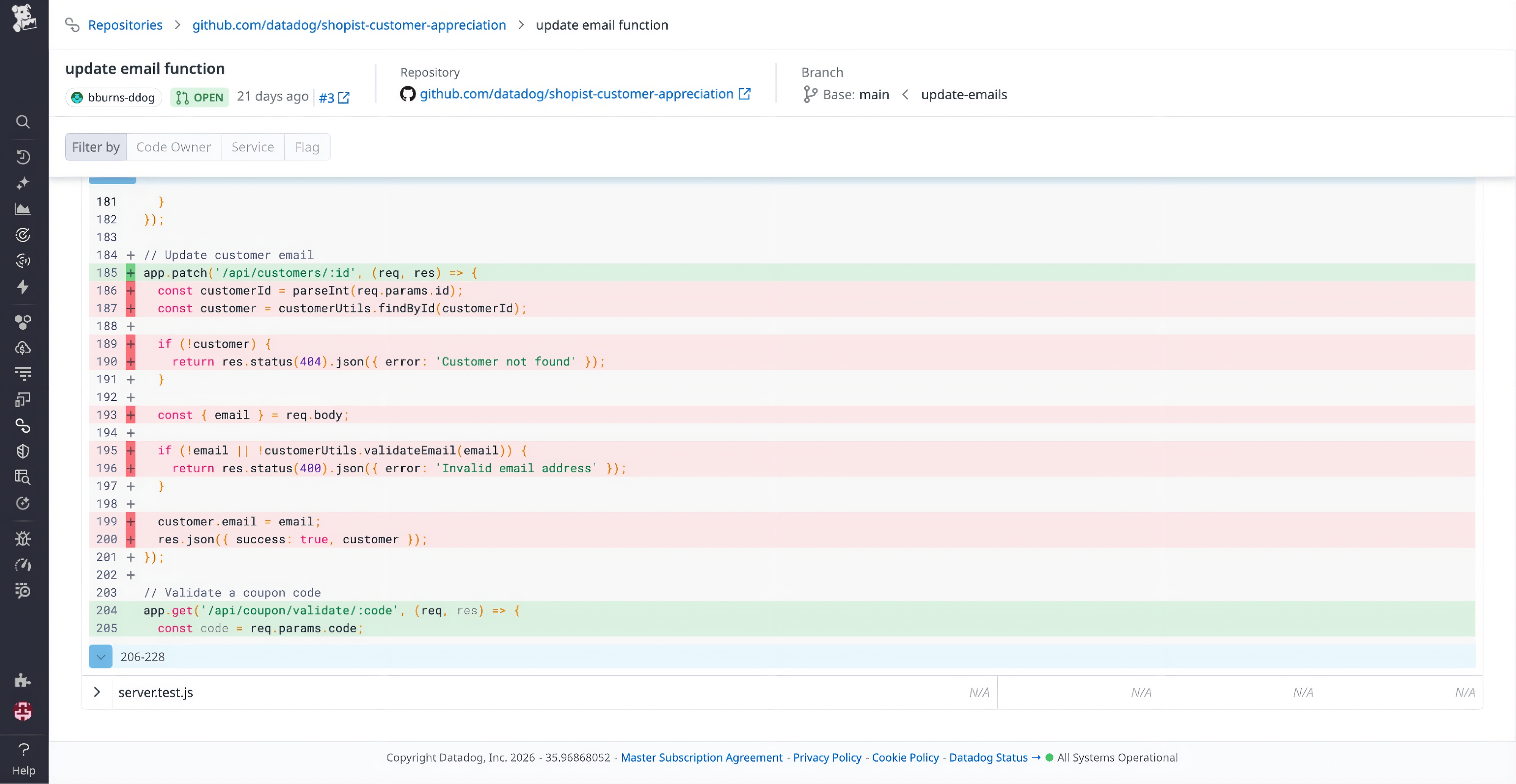 Updated function showing coverage status for modified lines.
