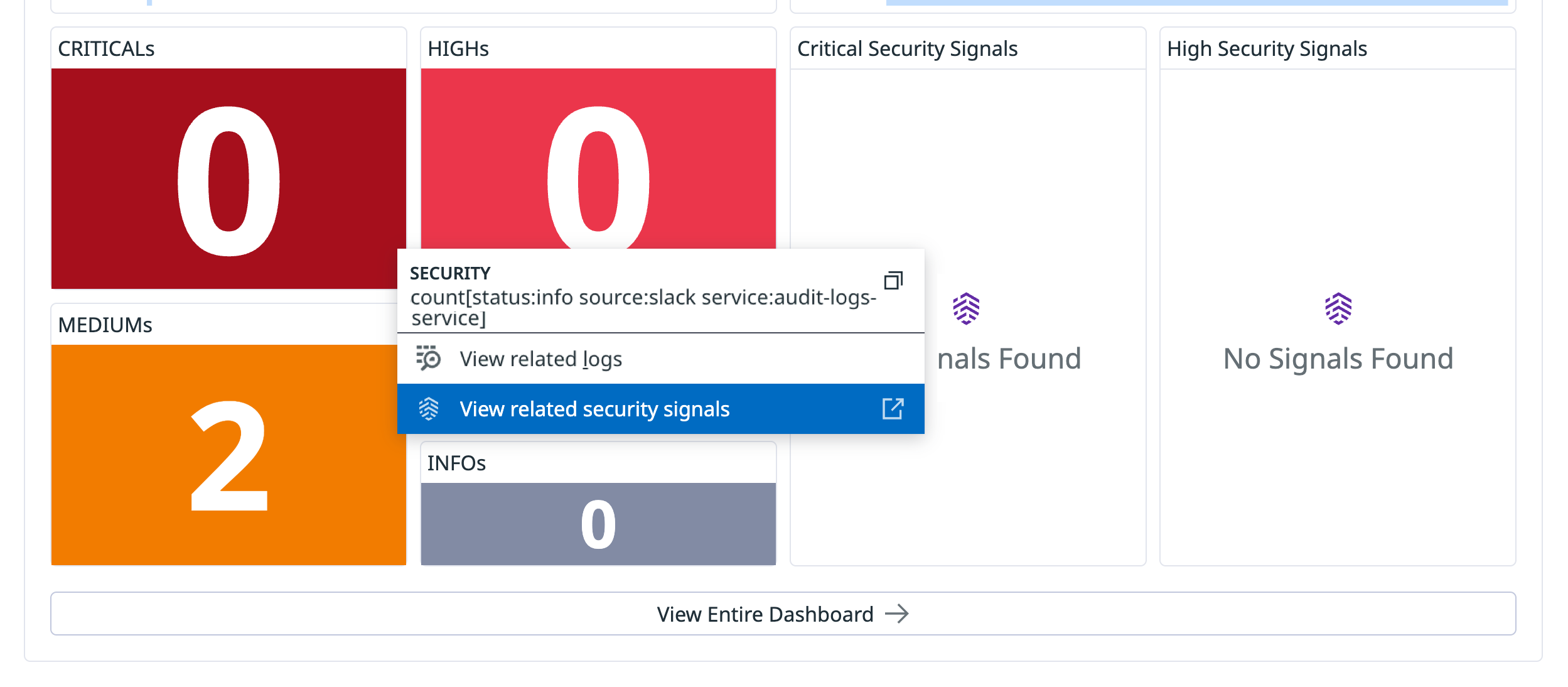 A Datadog Cloud SIEM dashboard displaying an option to view related security signals for further investigation