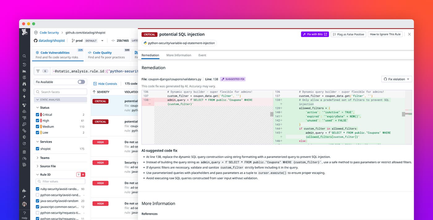 Protect the life cycle of your application code and libraries with Datadog Code Security Protect the life cycle of your application code and libraries with Datadog Code Security