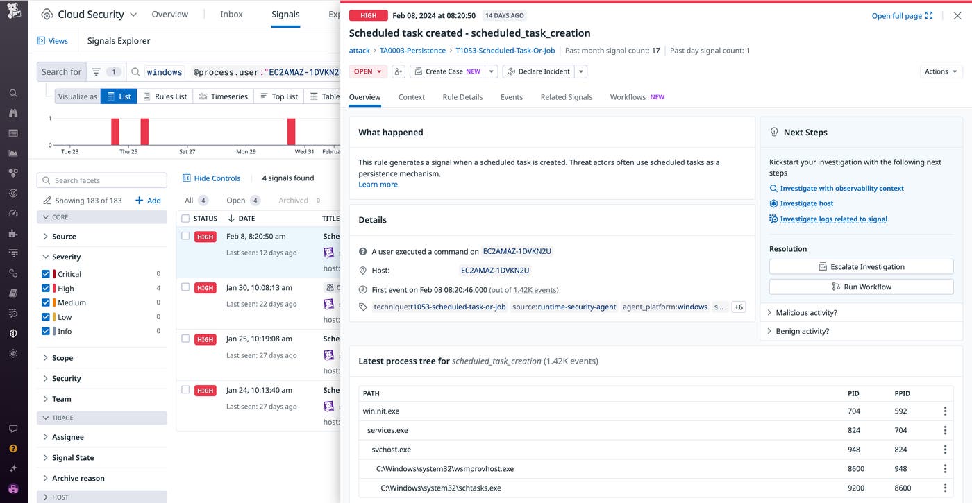 View of a high-severity security signal that displays a suspicious scheduled task View of a high-severity security signal that displays a suspicious scheduled task