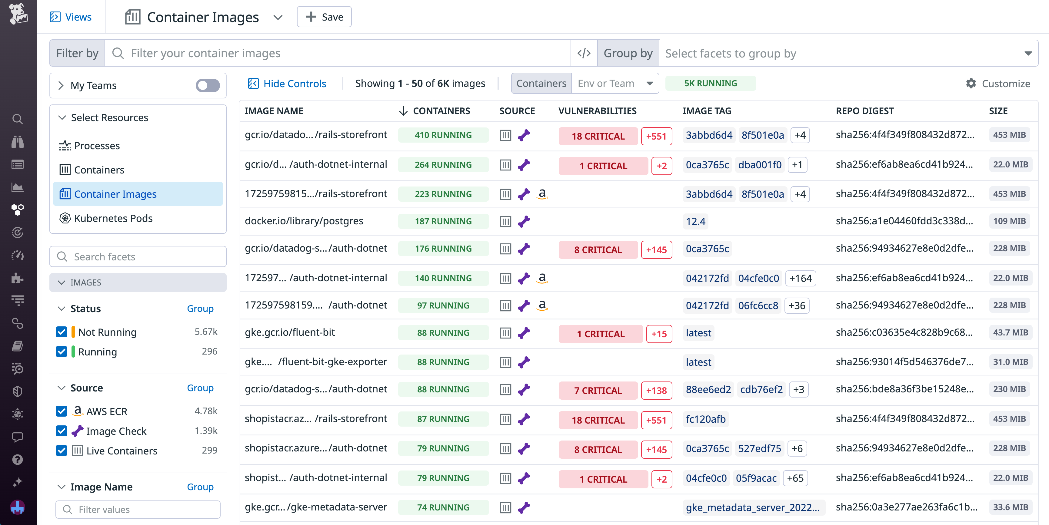 The Container Images view, showing a filterable list of all your images alongside details about their source, vulnerability, and running containers.