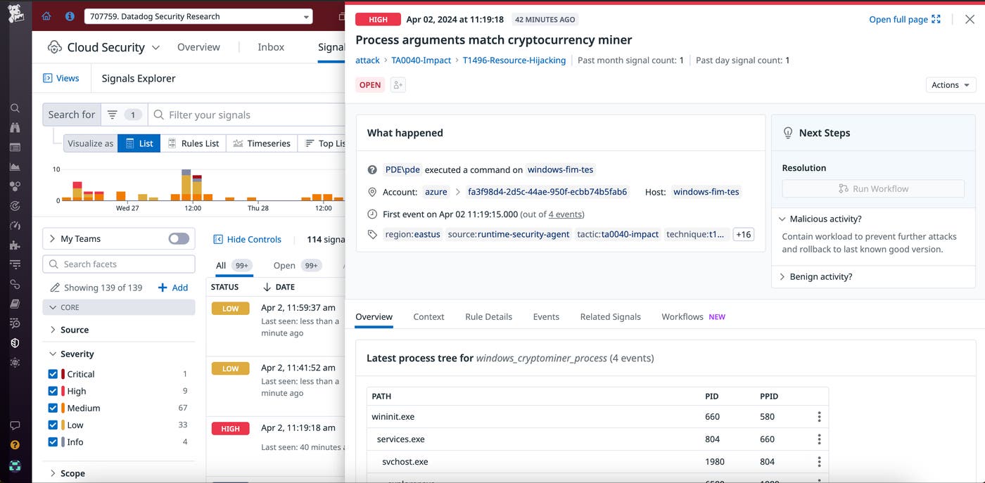 View of a high-severity security signal that displays process arguments that match a cryptocurrency miner View of a high-severity security signal that displays process arguments that match a cryptocurrency miner