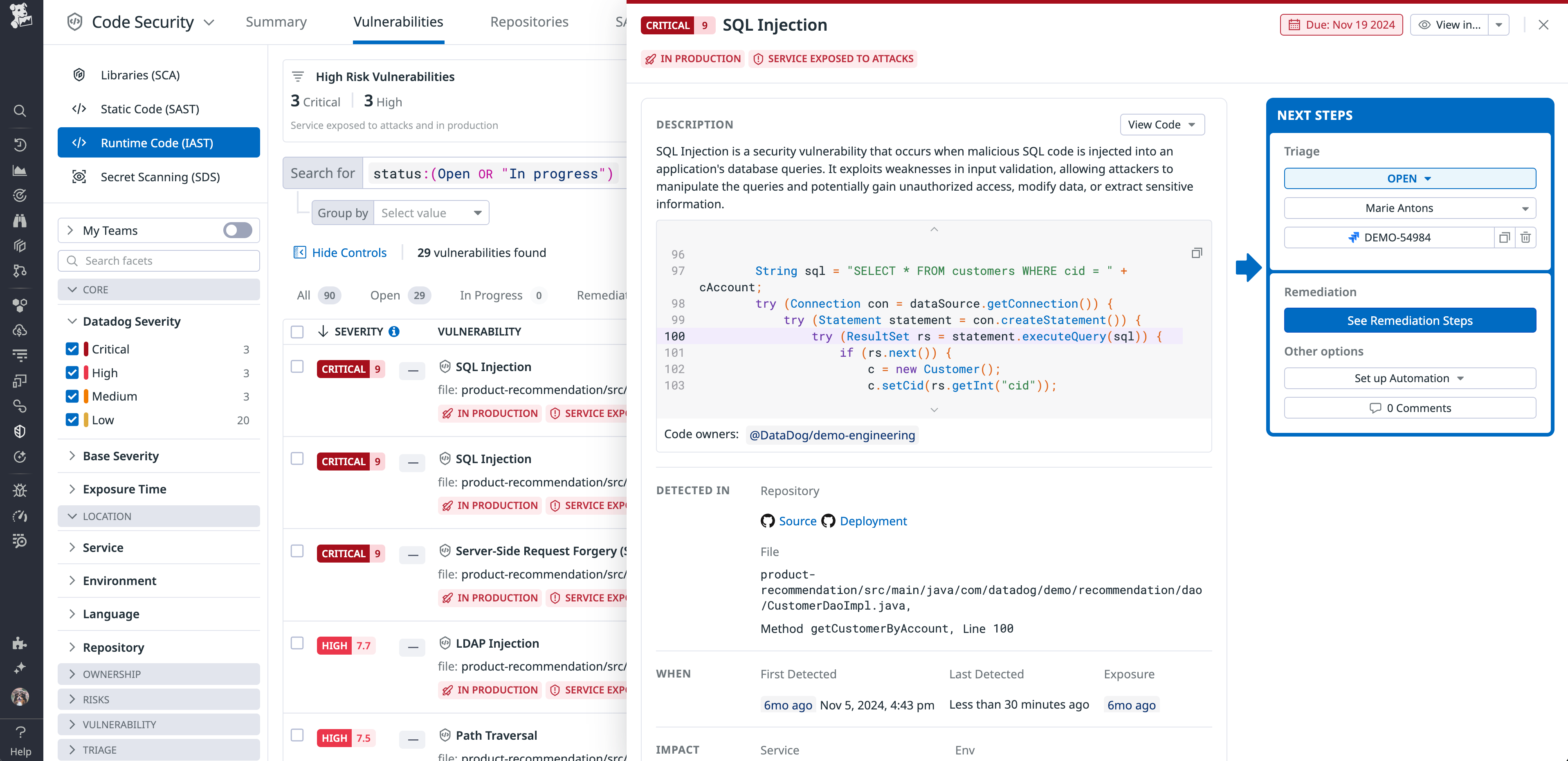 Datadog Code Security highlights a high-risk SQL injection in production, complete with stack trace and resolution guidance.