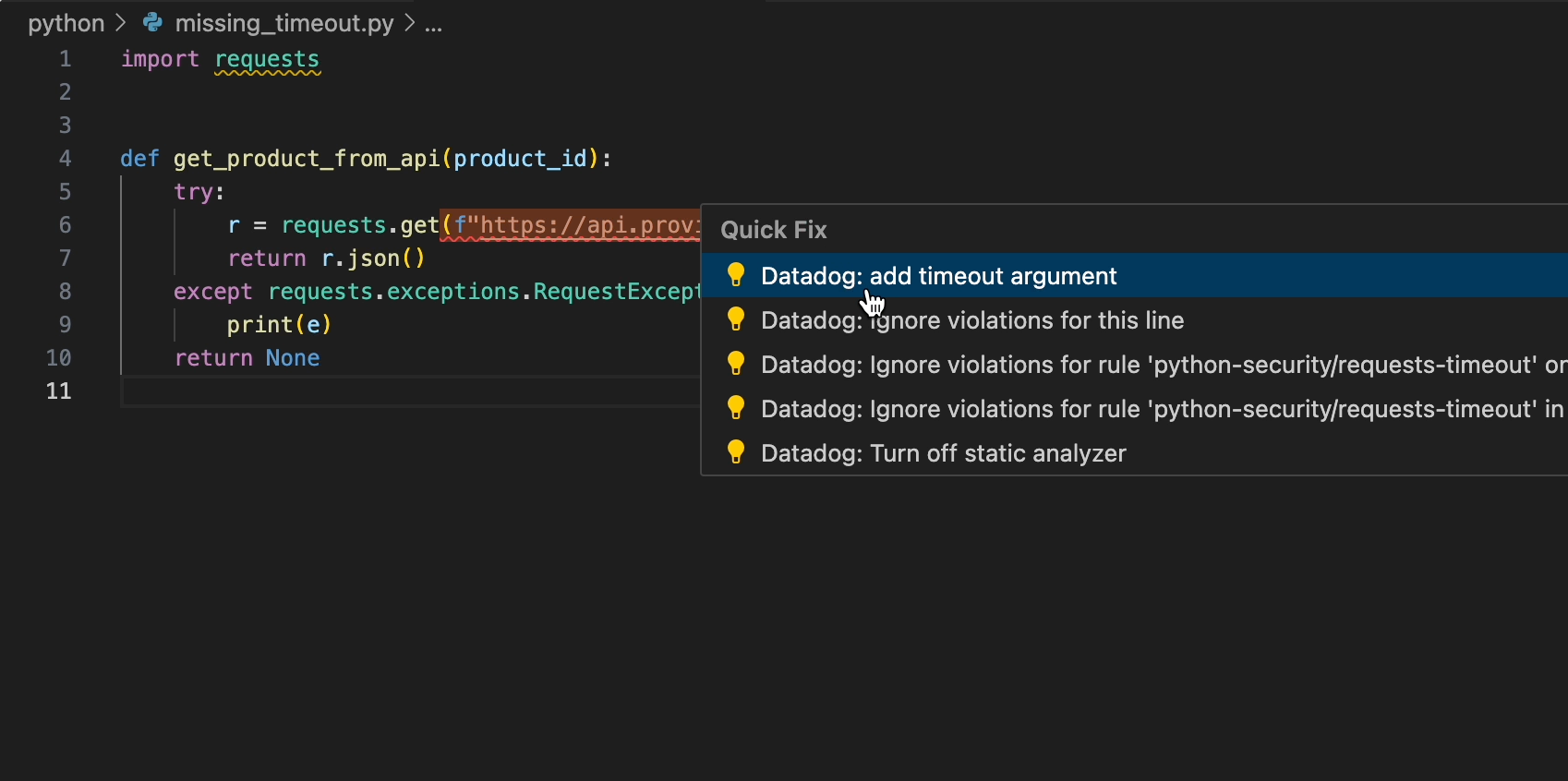 Datadog Code Security flags a SQL injection in JavaScript and suggests a fix directly in VS Code.