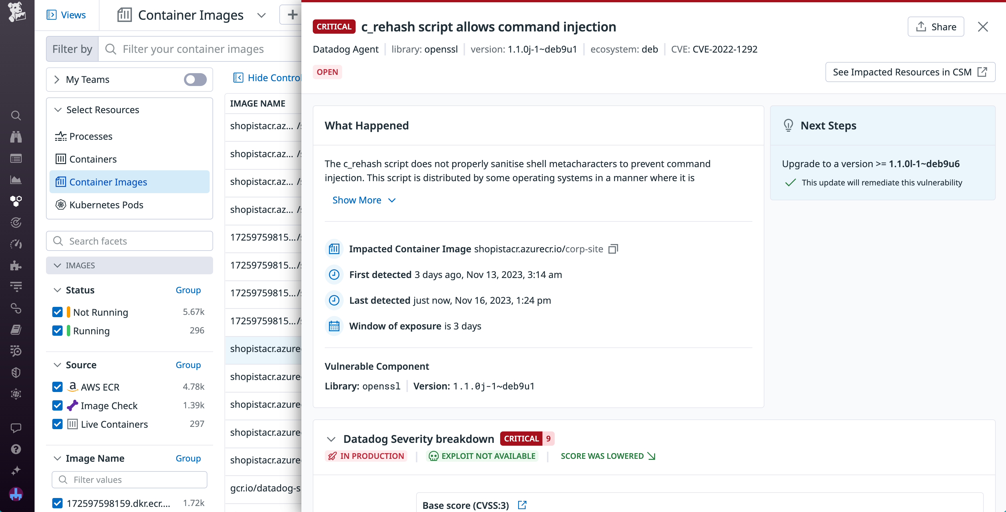 Details for a command injection vulnerability detected on a container image.