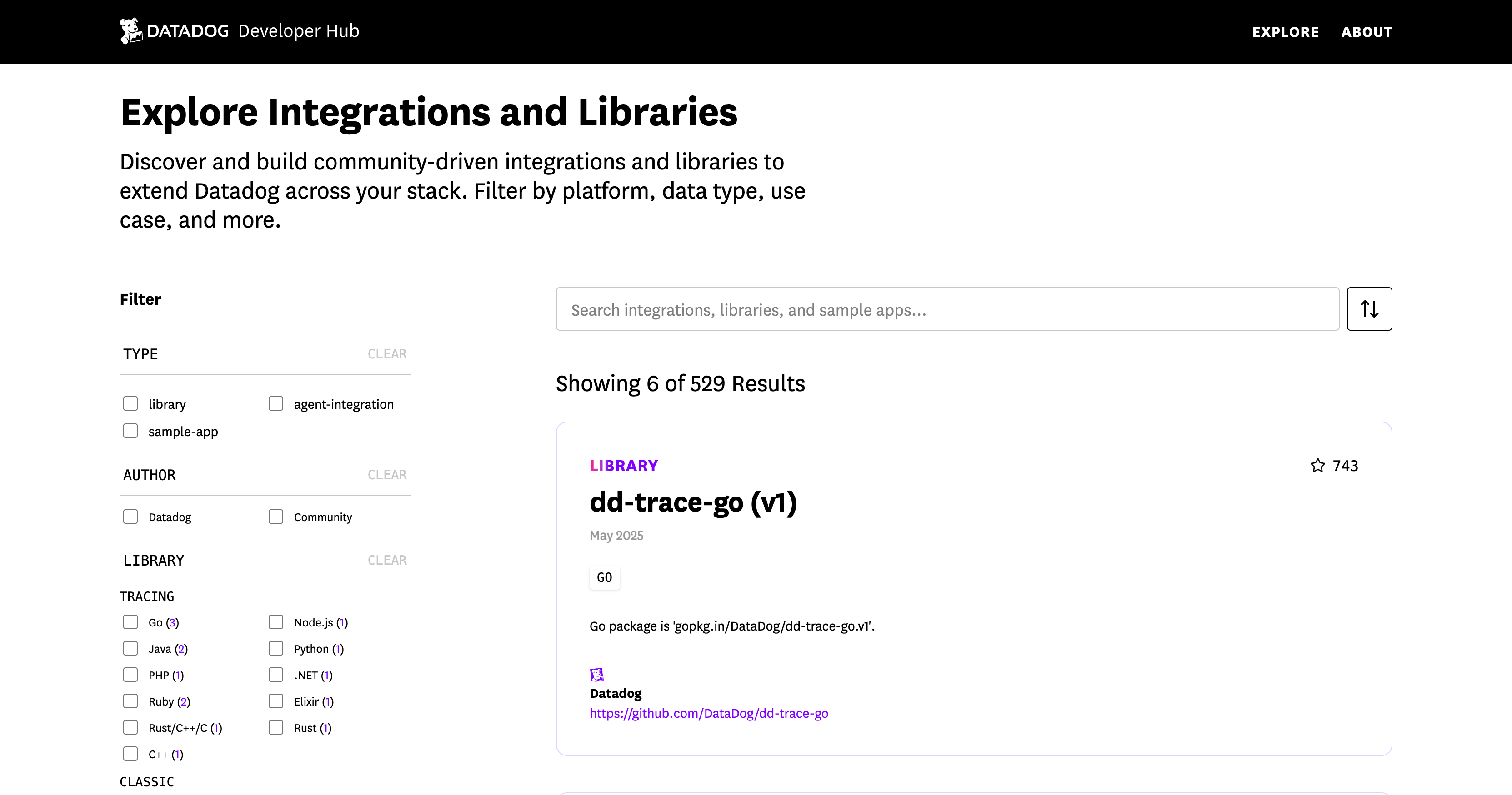 Datadog Developer Hub page showing filtered integrations, highlighting the dd-trace-go (v1) library for Go.