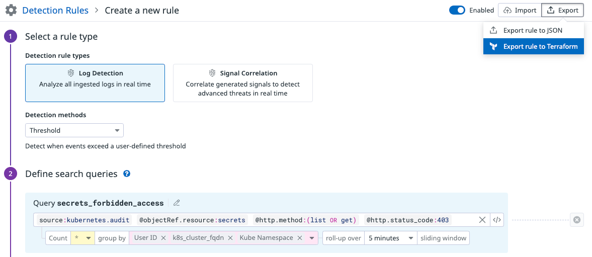 Export detection rule from Datadog as a Terraform file