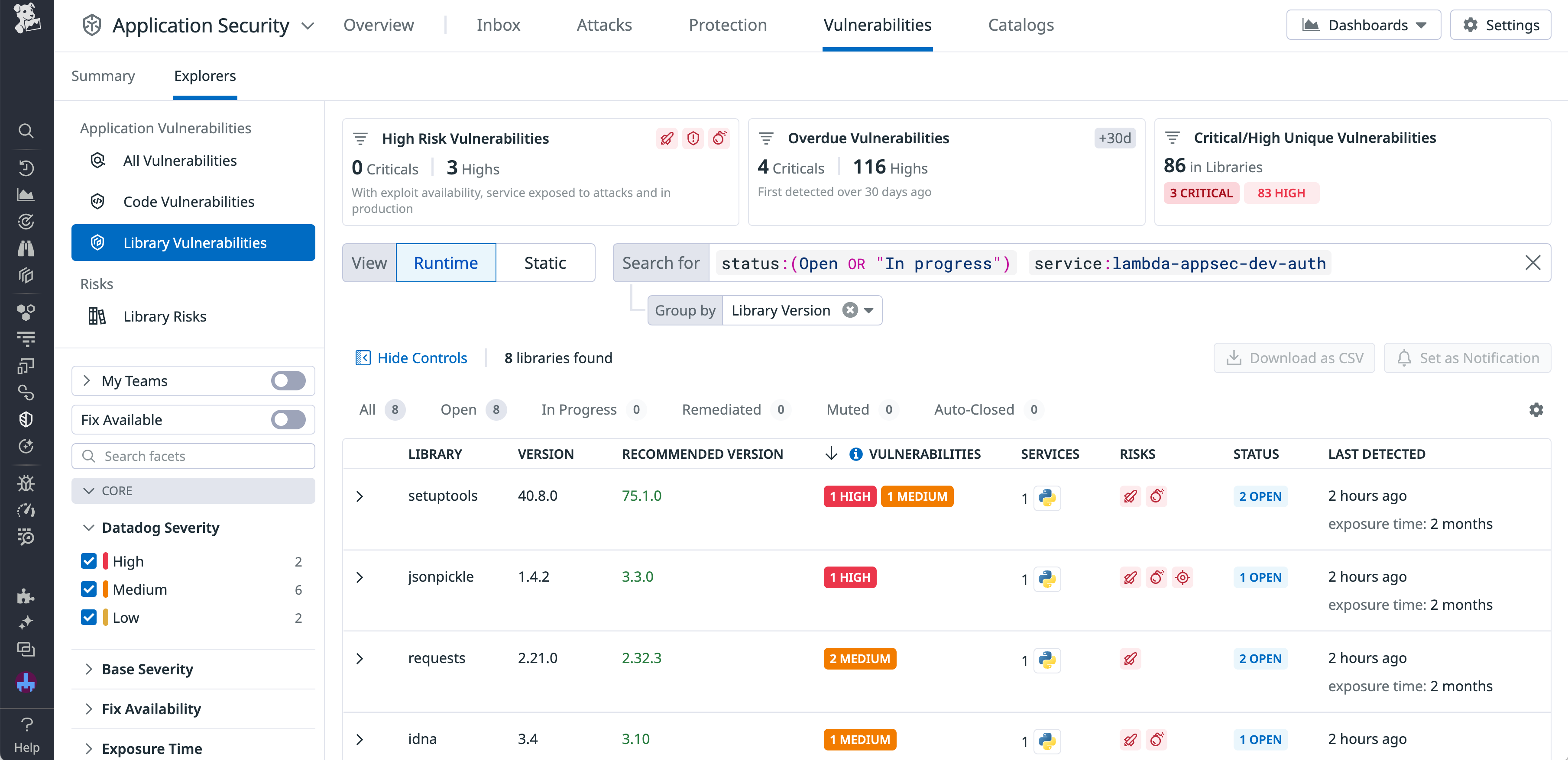 A list of vulnerabilities within your libraries, displayed in the App and API Protection Vulnerability Explorer.