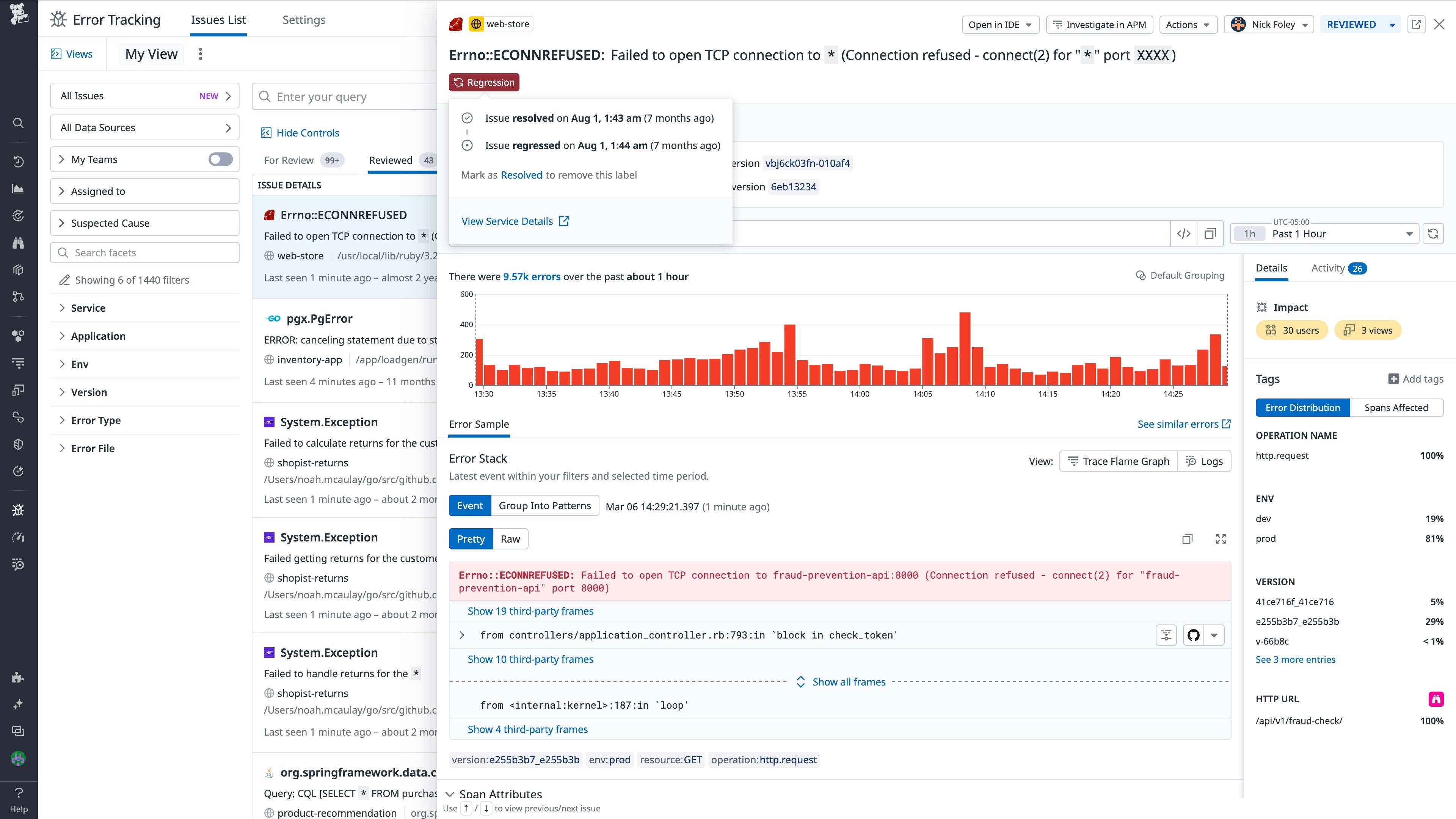 A regression of an issue, detected by Error Tracking.