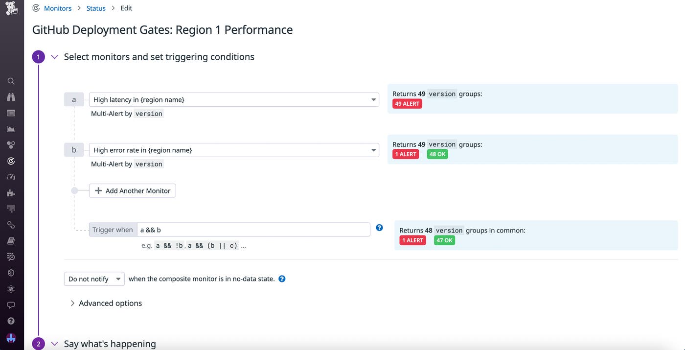 The creation page for a Datadog monitor designed to alert on GitHub Deployment Protection Rules performance checks. The creation page for a Datadog monitor designed to alert on GitHub Deployment Protection Rules performance checks.