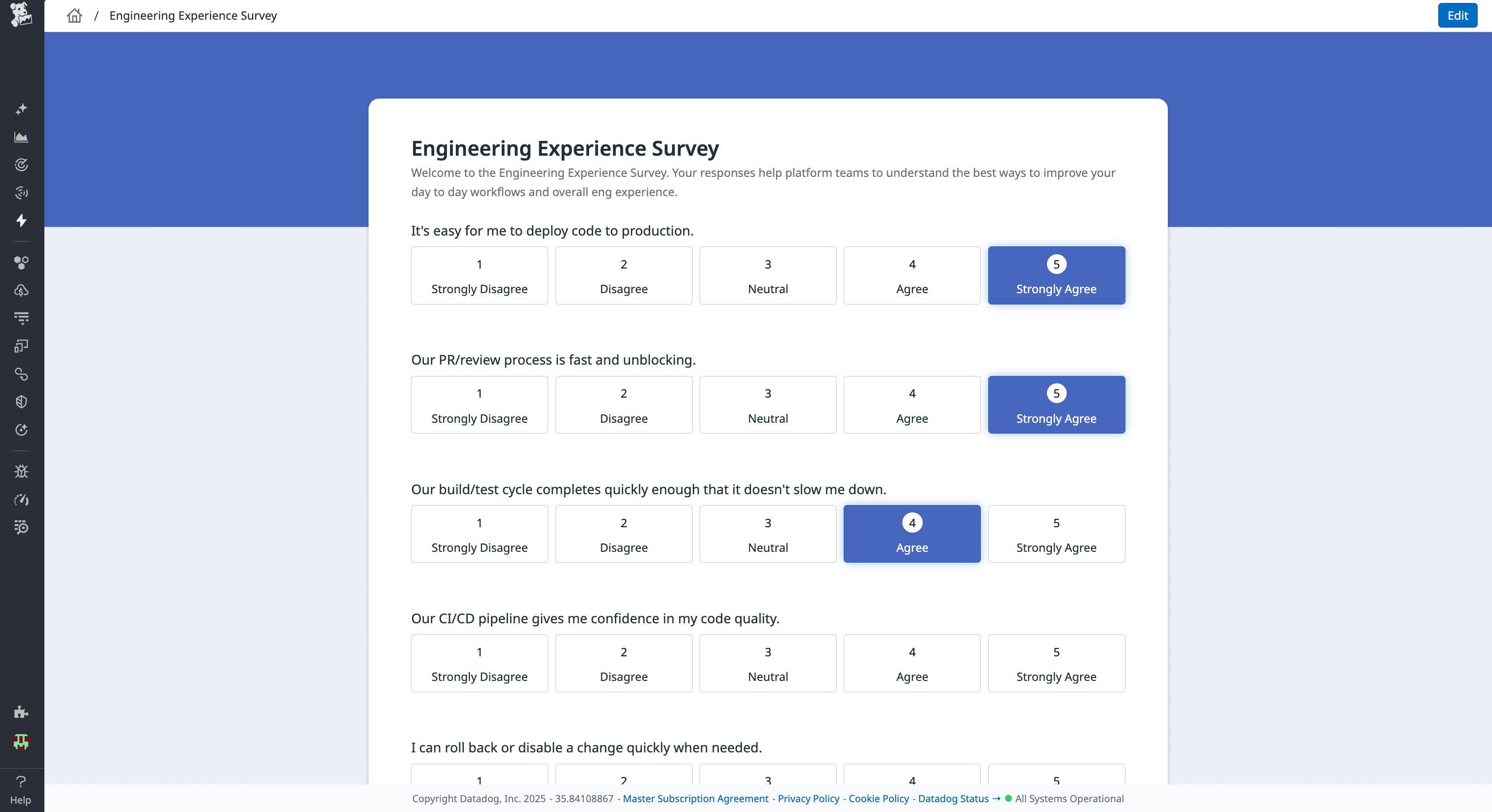 A screenshot of an internal survey for engineers about their experience.