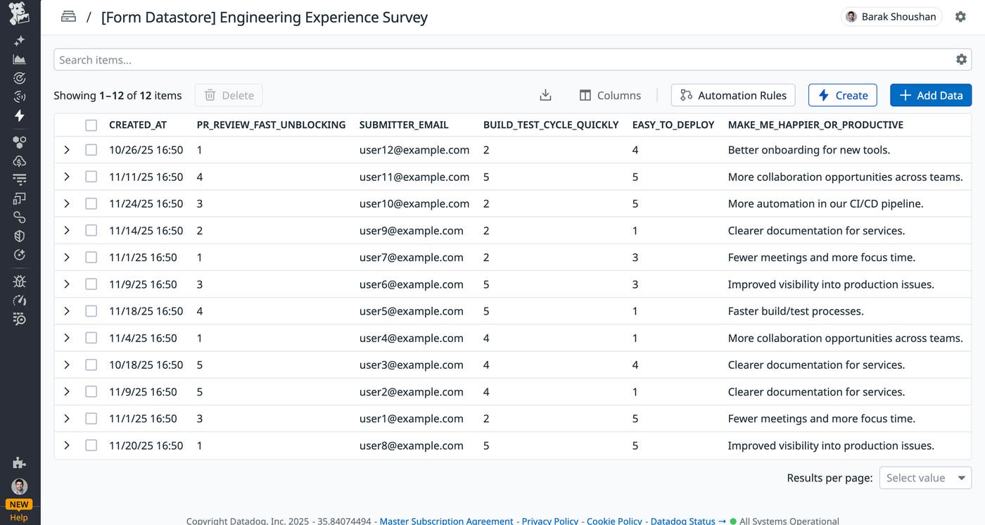 A screenshot of a list of responses from an engineering survey. A screenshot of a list of responses from an engineering survey.