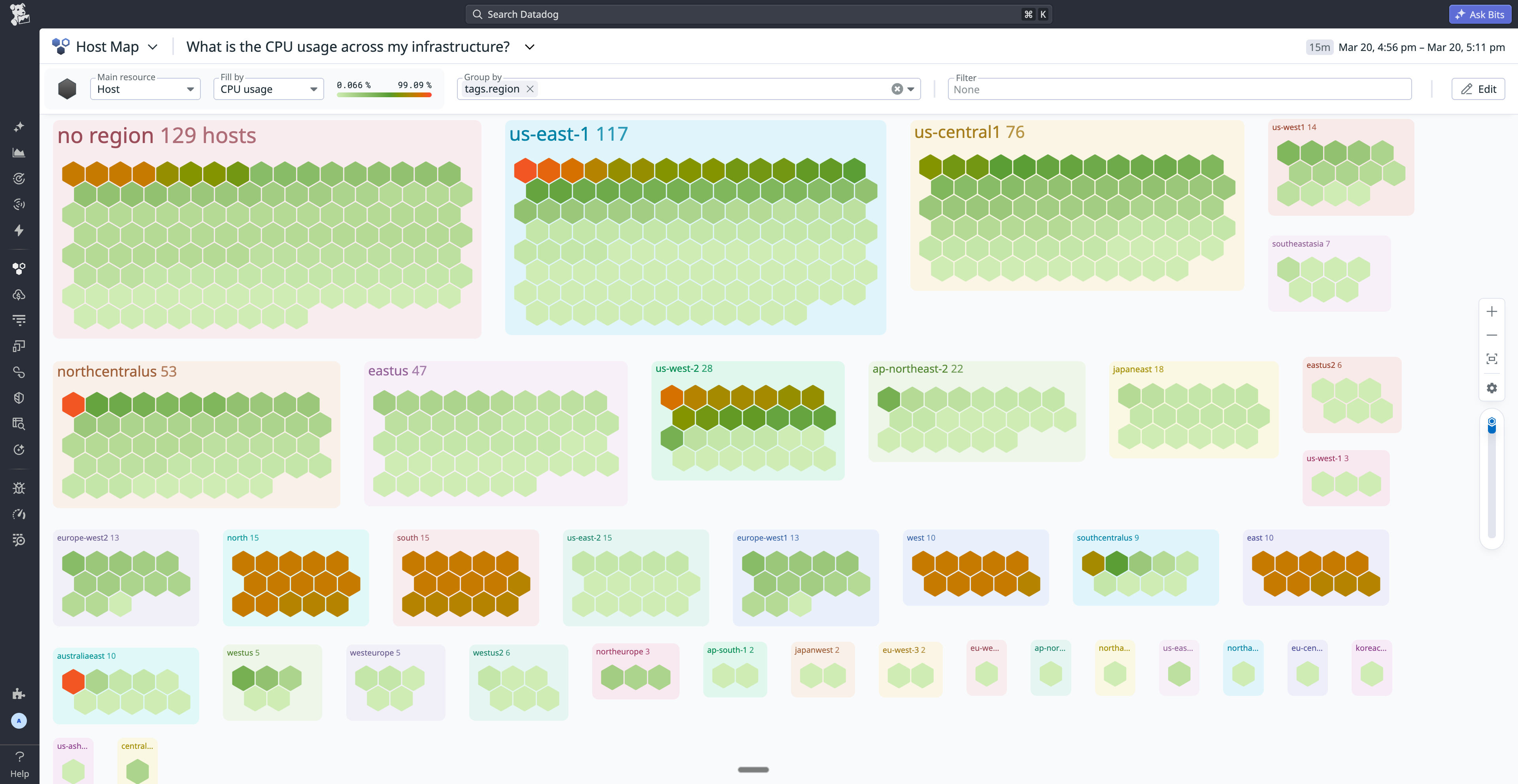Full-screen Host Map grouped by region and colored by CPU usage to help teams quickly assess infrastructure health.