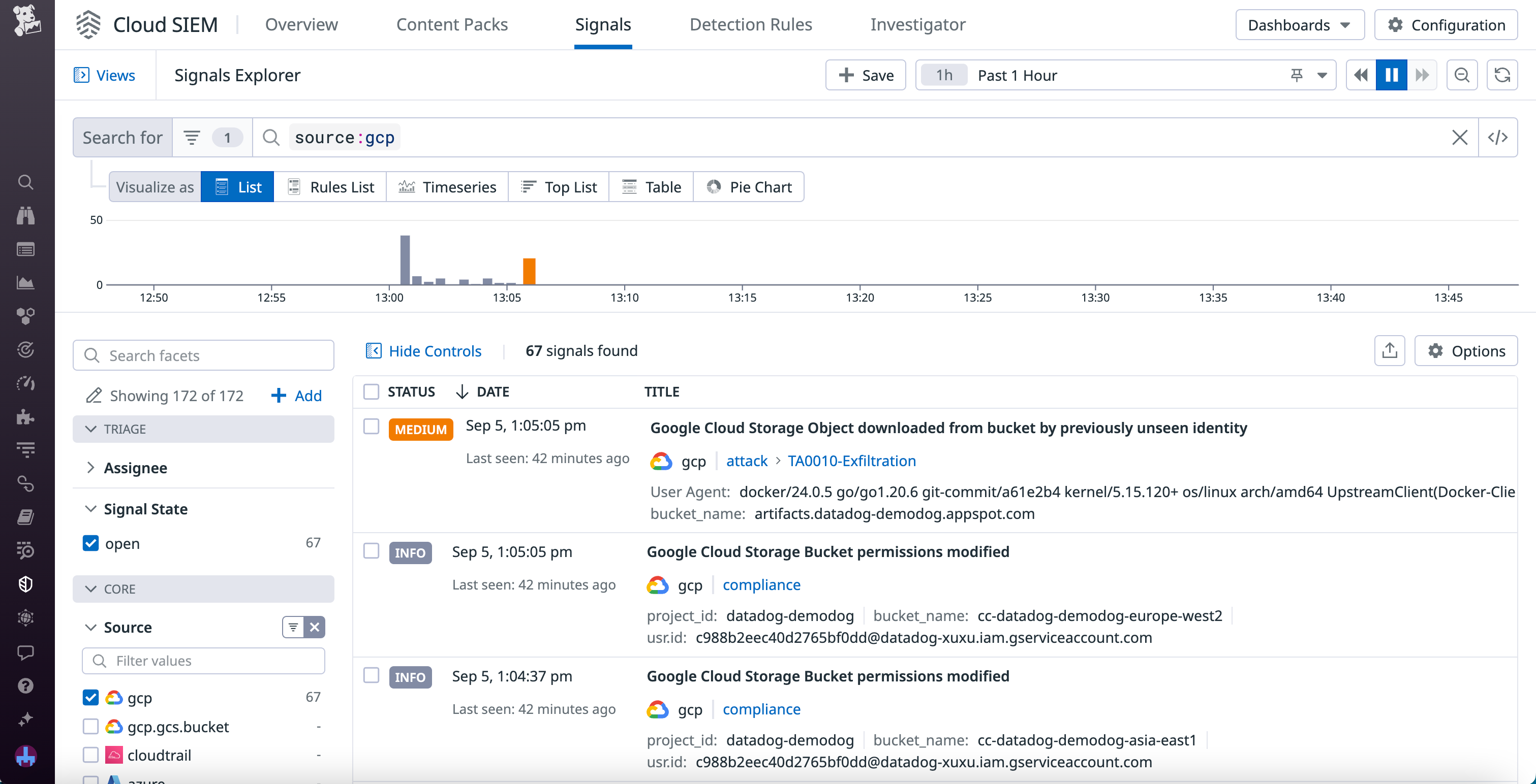 A list of signals from Google Cloud Security Command Center within Cloud SIEM Signals Explorer.