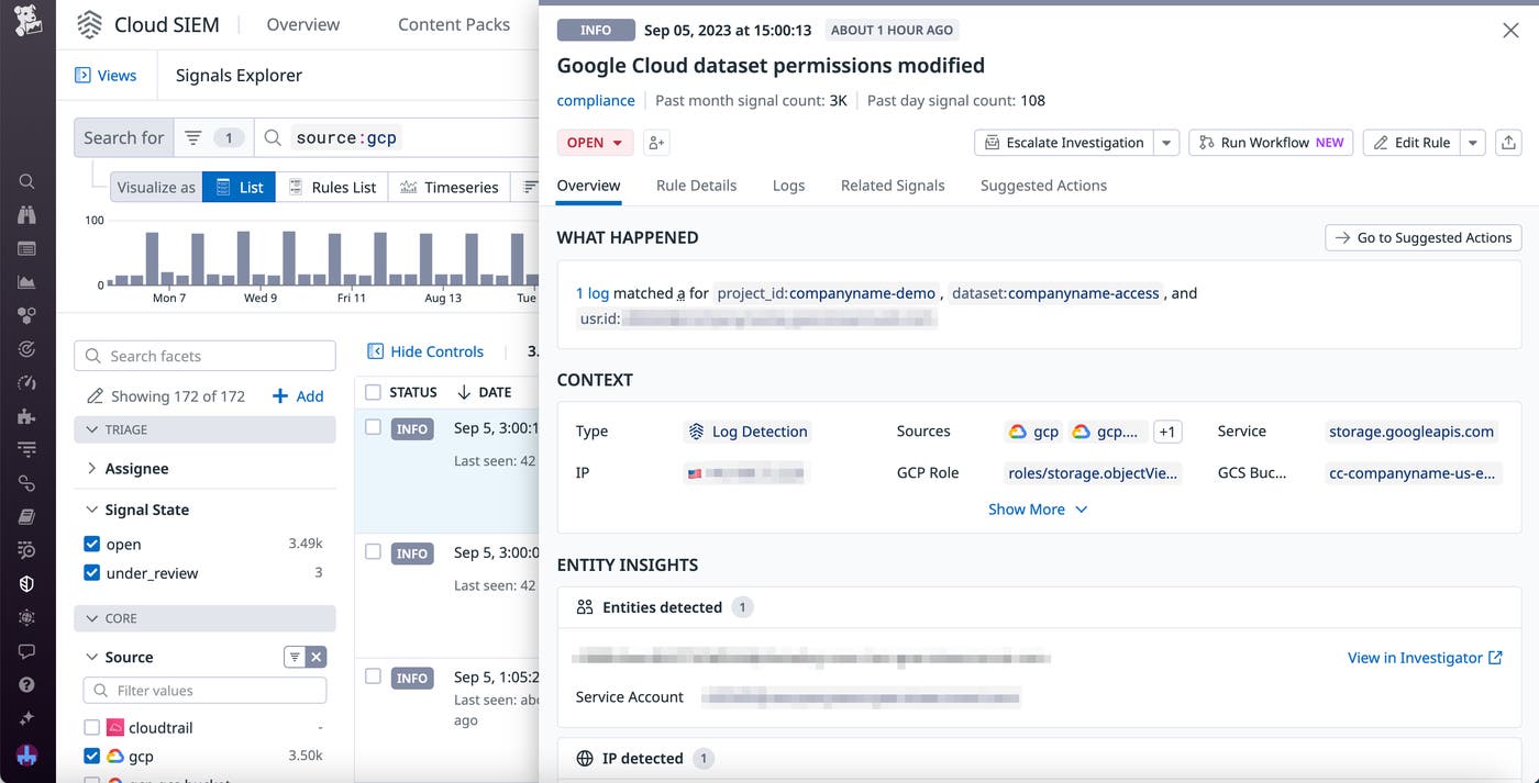 The finding panel for modified Google Cloud dataset permissions. The finding panel for modified Google Cloud dataset permissions.