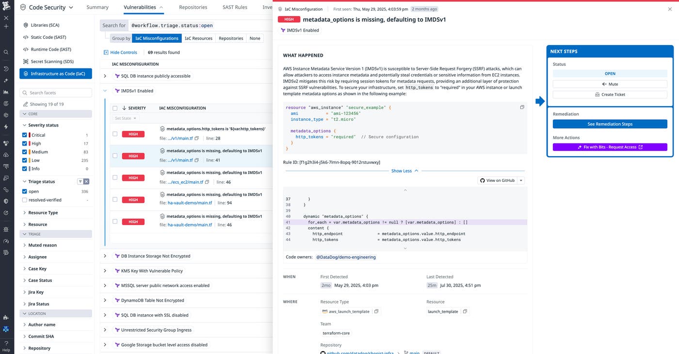 IaC Security results in the Datadog Code Security UI. The side panel shows information about a specific misconfiguration that has high severity. IaC Security results in the Datadog Code Security UI. The side panel shows information about a specific misconfiguration that has high severity.
