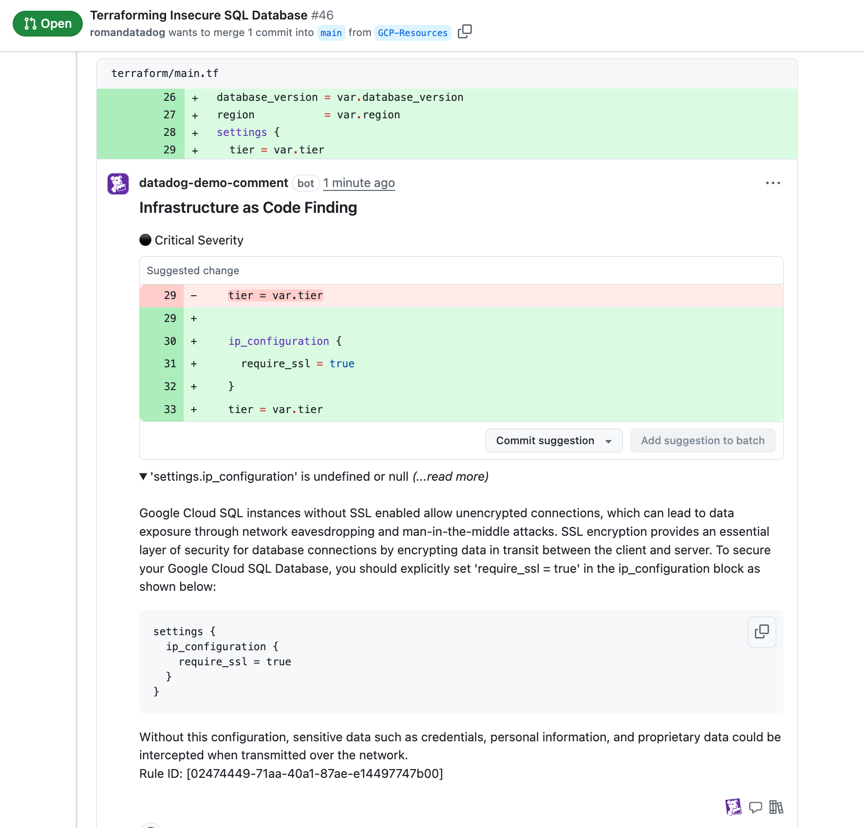 An IaC Security finding that includes a recommendation to enable SSL to enhance the security of a database.