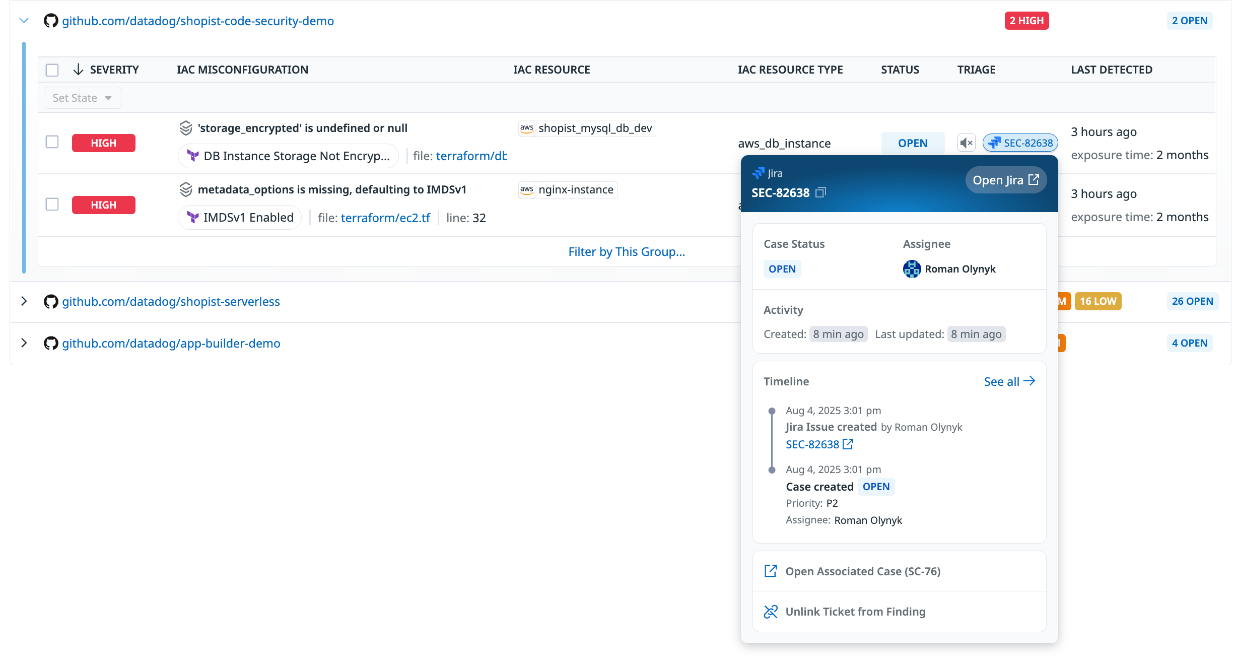 A Jira ticket that was created from an IaC Security finding.