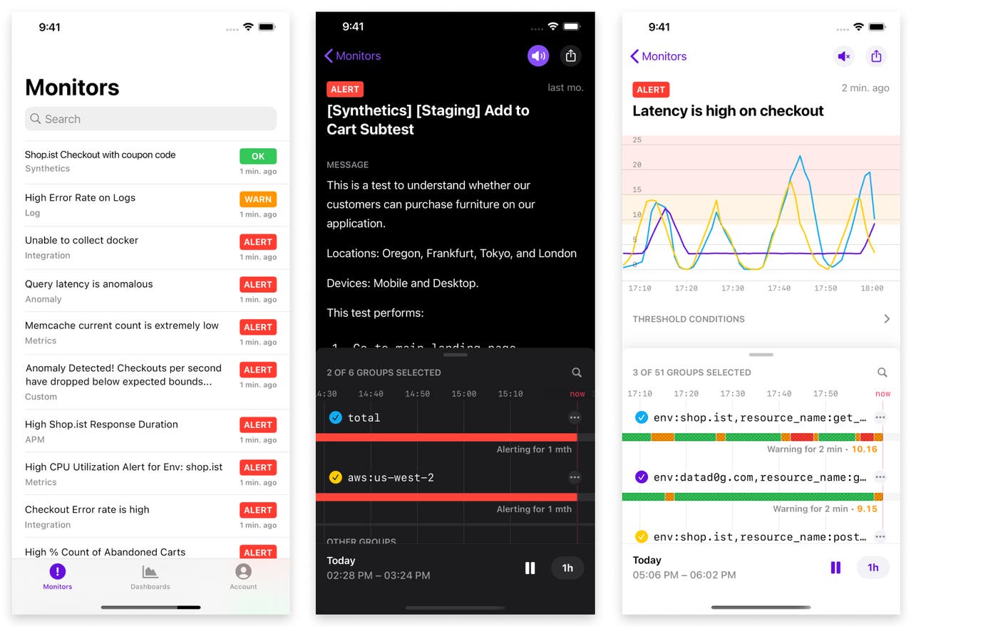 Datadog モバイルアプリでモニターにフルアクセス。 Datadog モバイルアプリでモニターにフルアクセス。