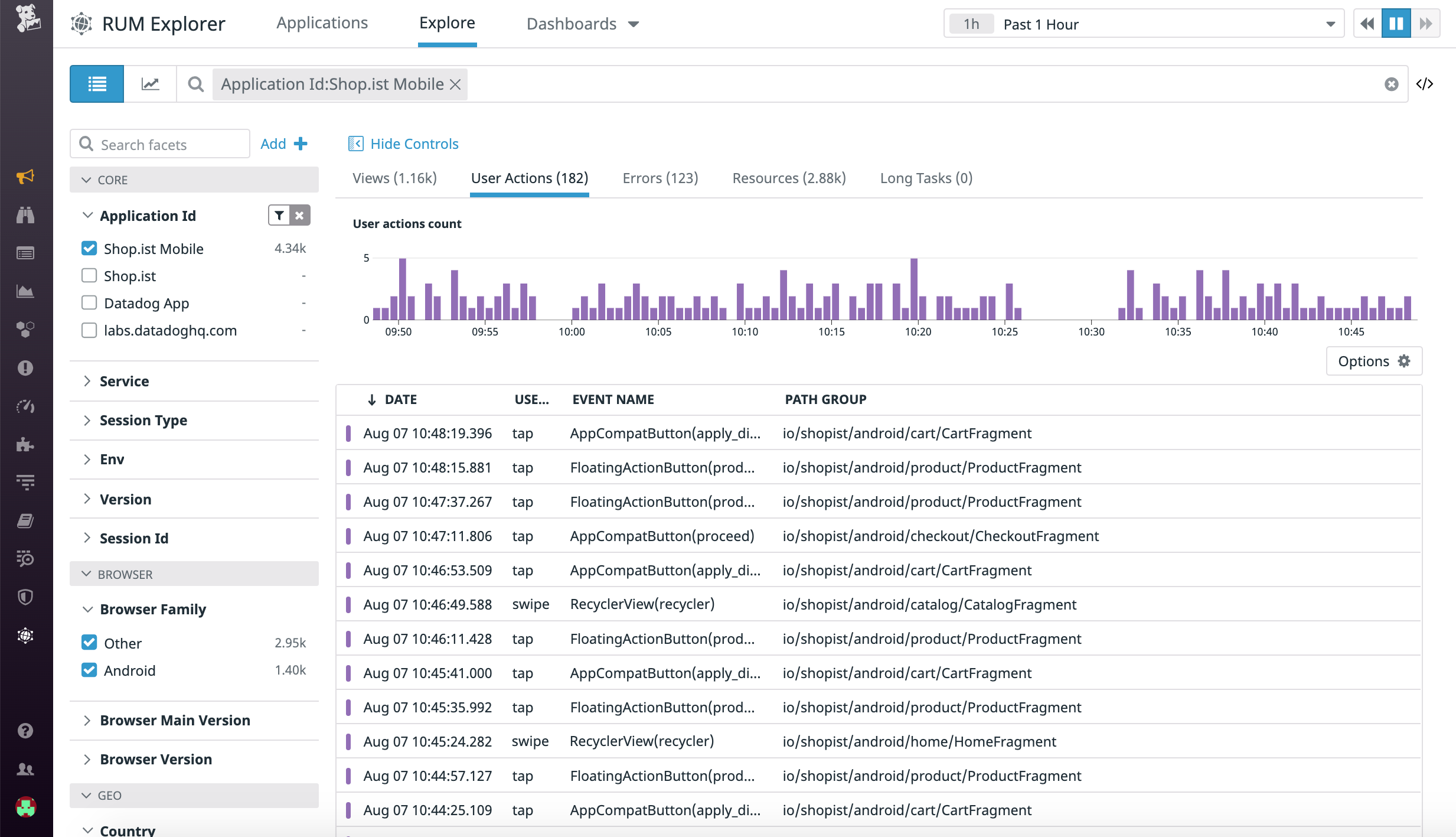 Mobile RUM collects user actions like taps and swipes to show you how your users are interacting on different screens.