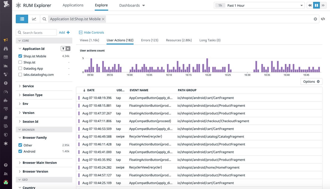 Mobile RUM collects user actions like taps and swipes to show you how your users are interacting on different screens. Mobile RUM collects user actions like taps and swipes to show you how your users are interacting on different screens.