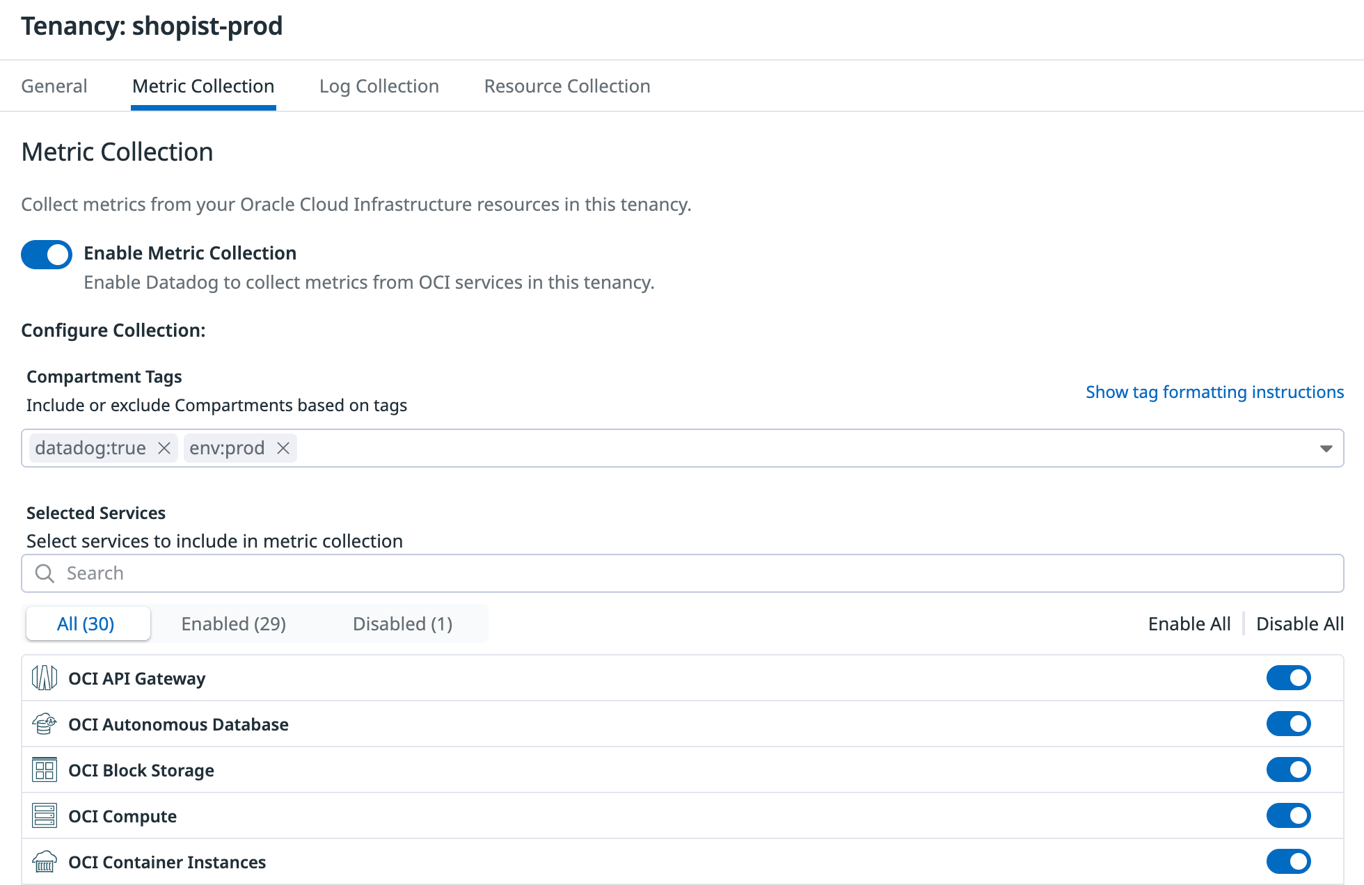 Configure monitored regions, services, and compartments from the metrics tab.