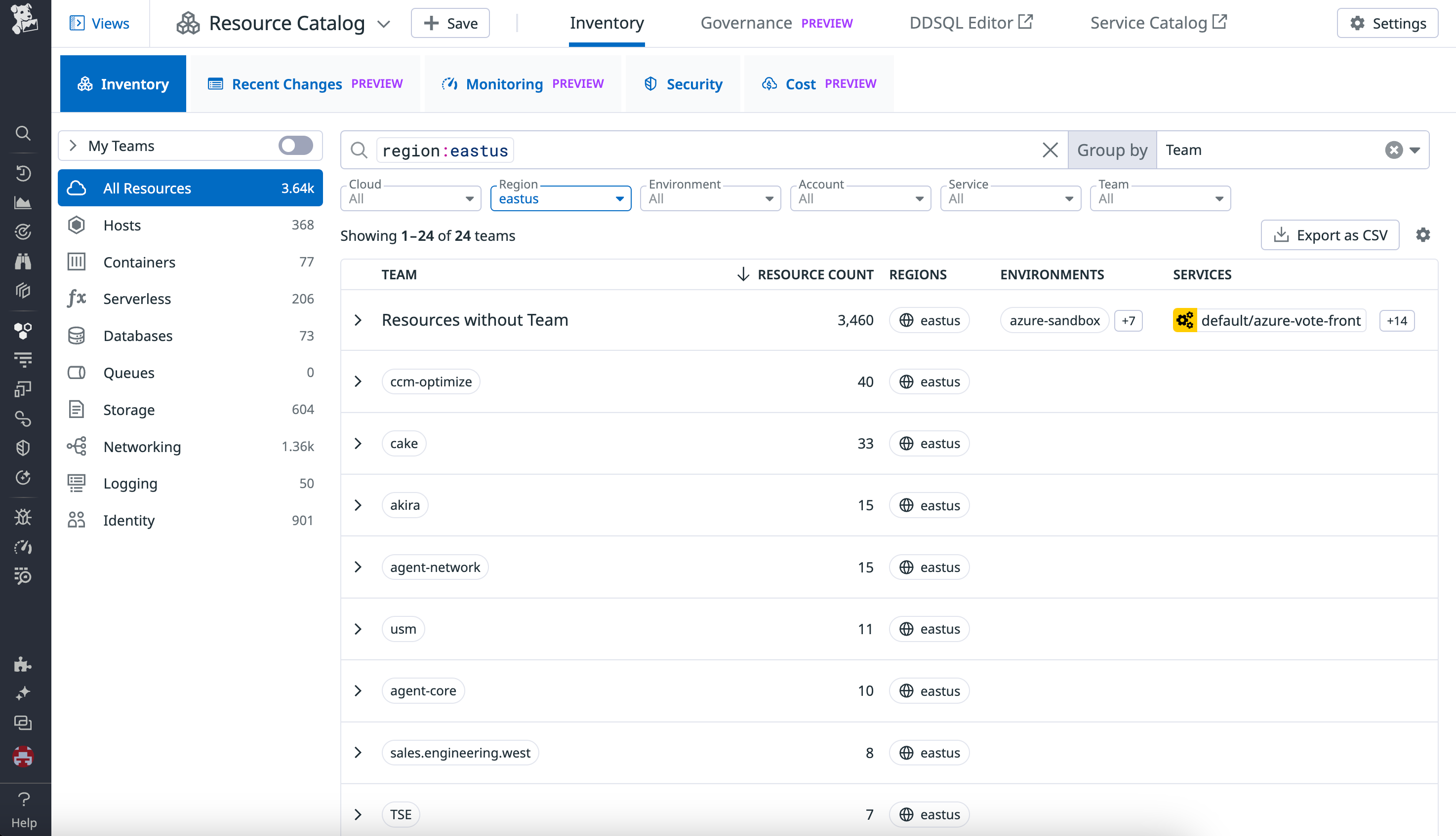 Filtering the Inventory view by region
