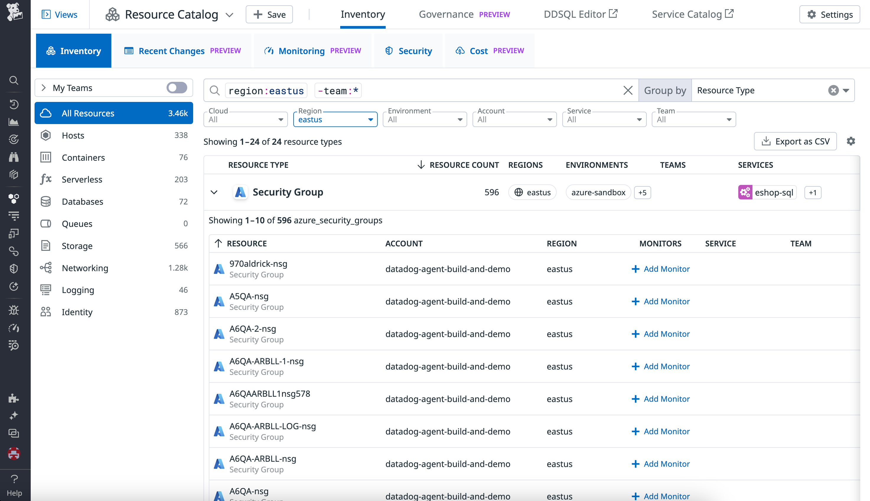 Filtering to resources without a team tag in the Inventory view