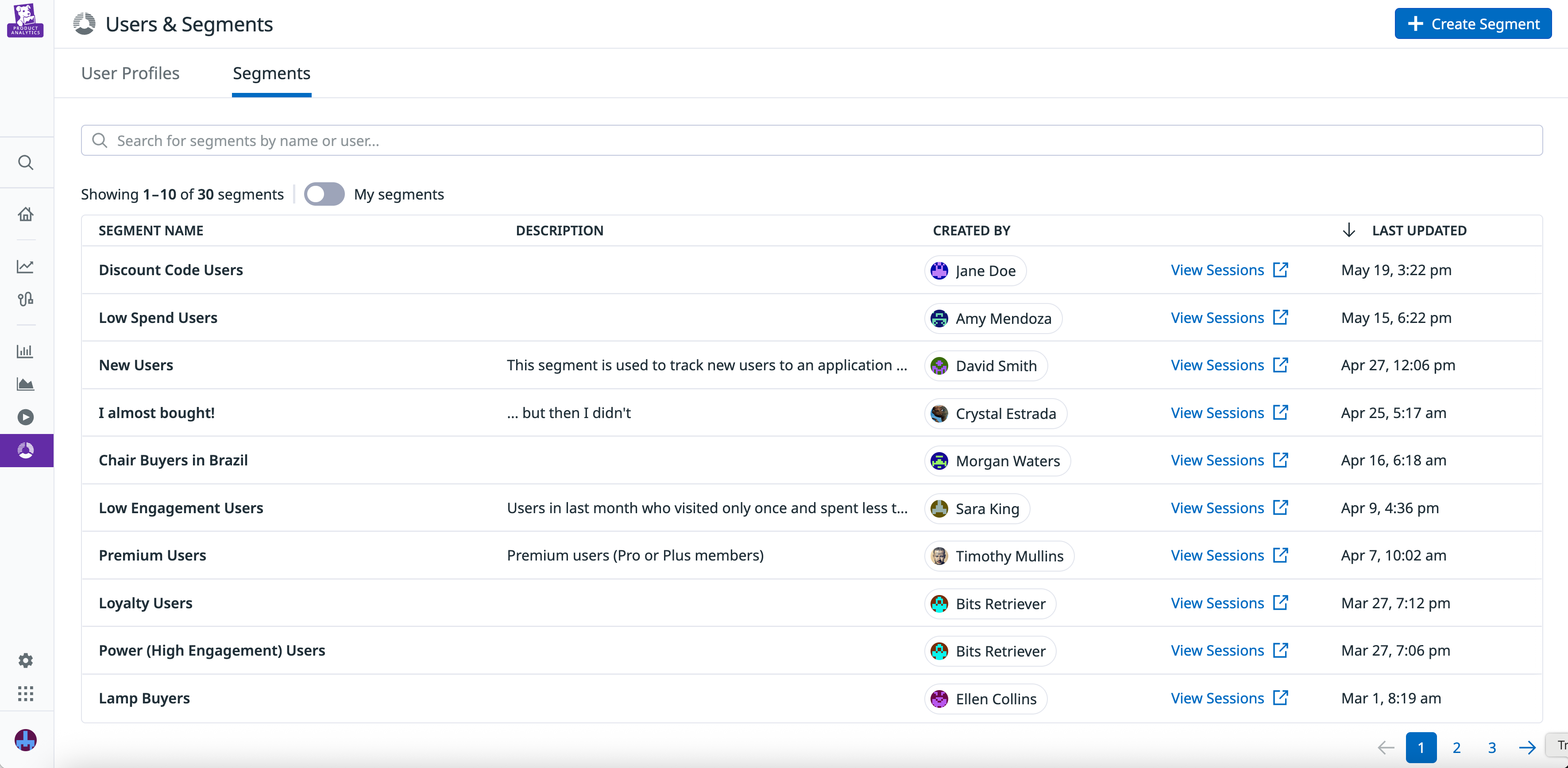 A list of user segments for an app.