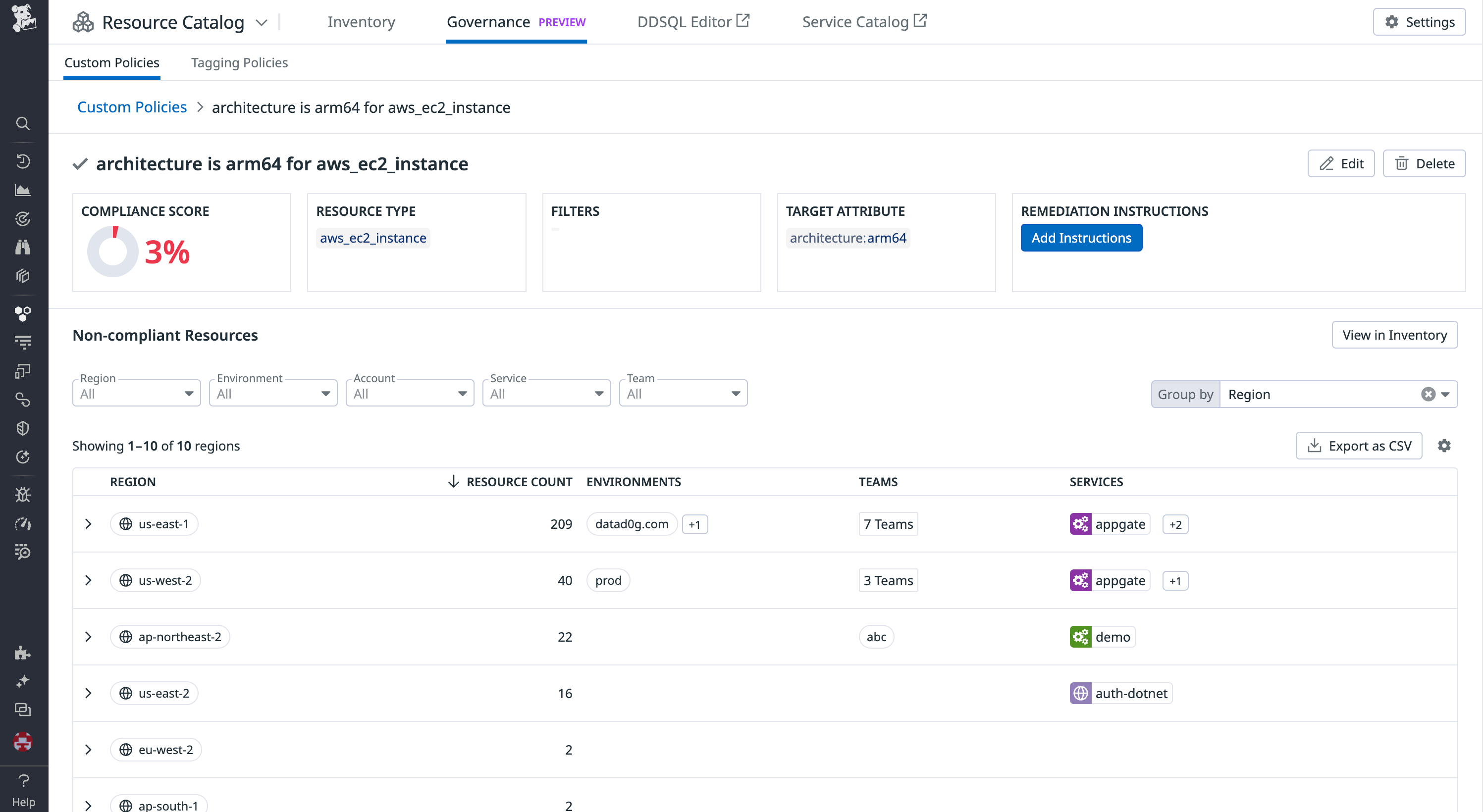 Viewing custom policies in the Resource Catalog Governance view