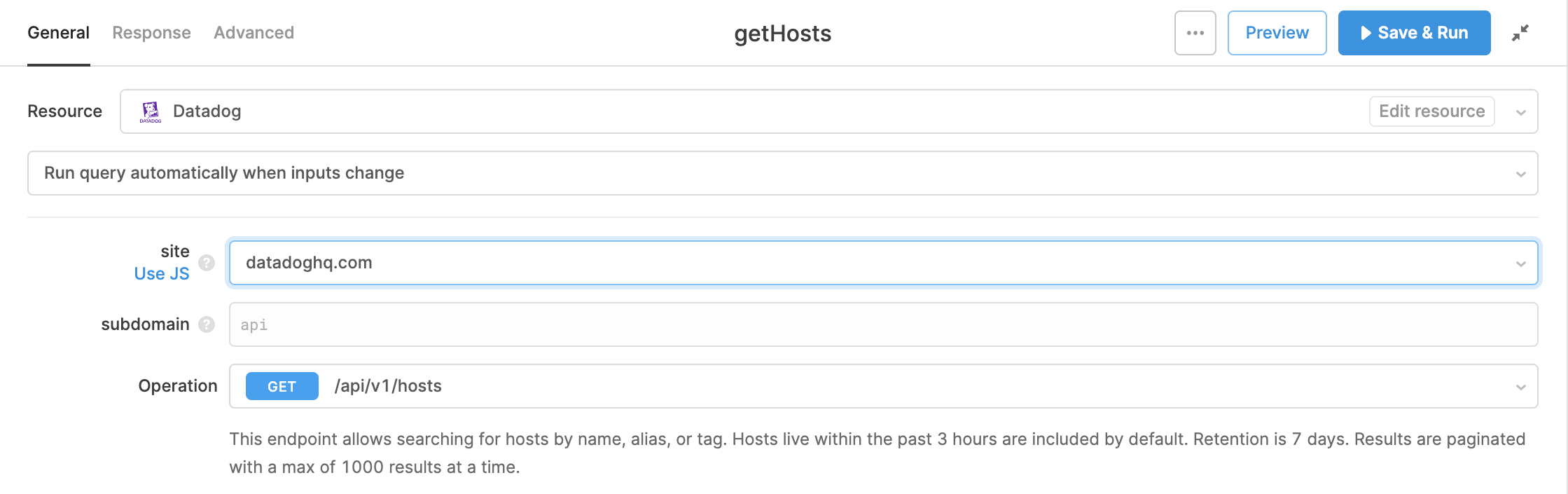Retool's Datadog integration lets you access any Datadog API endpoint.