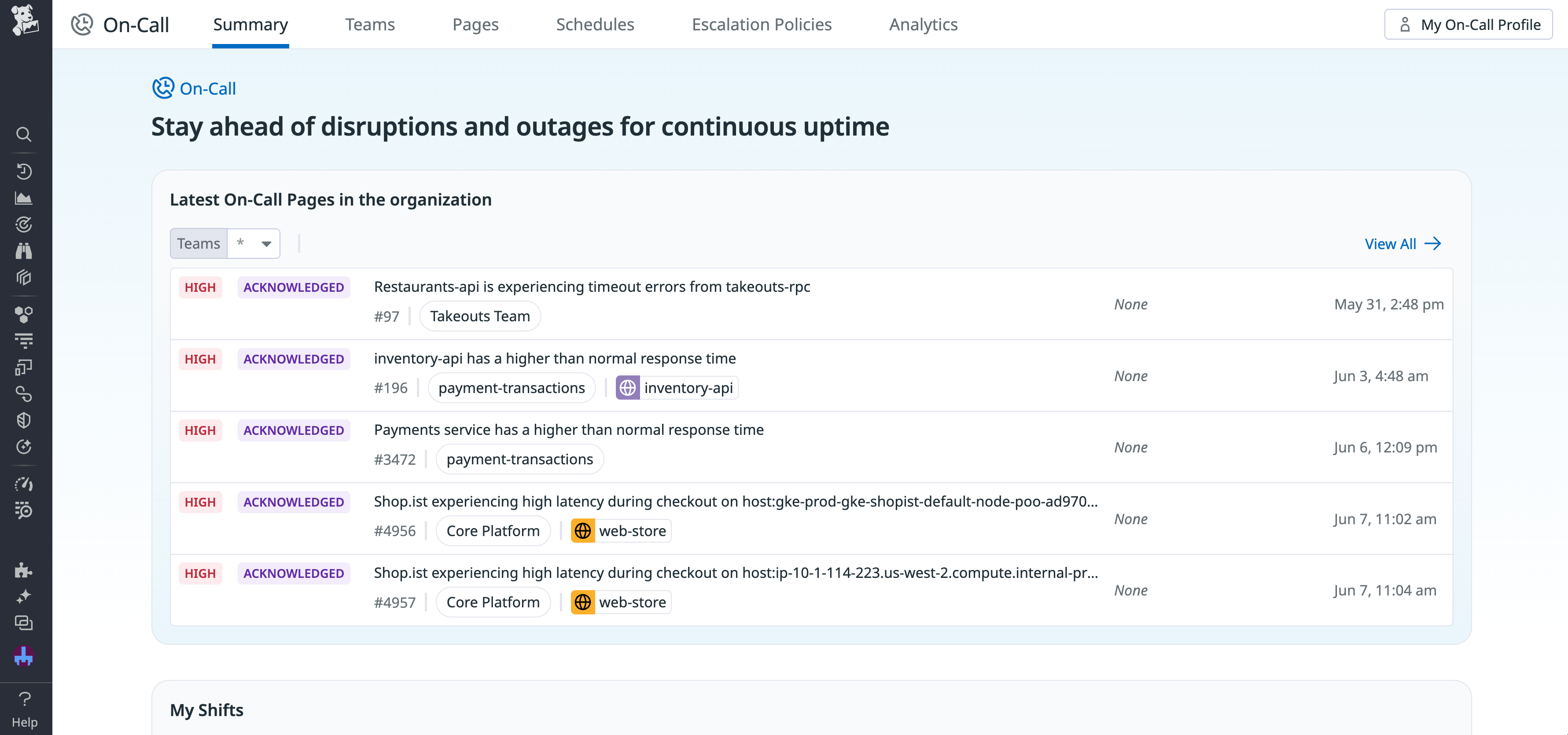 The Datadog On-Call Summary page, with a list of the latest pages displayed.