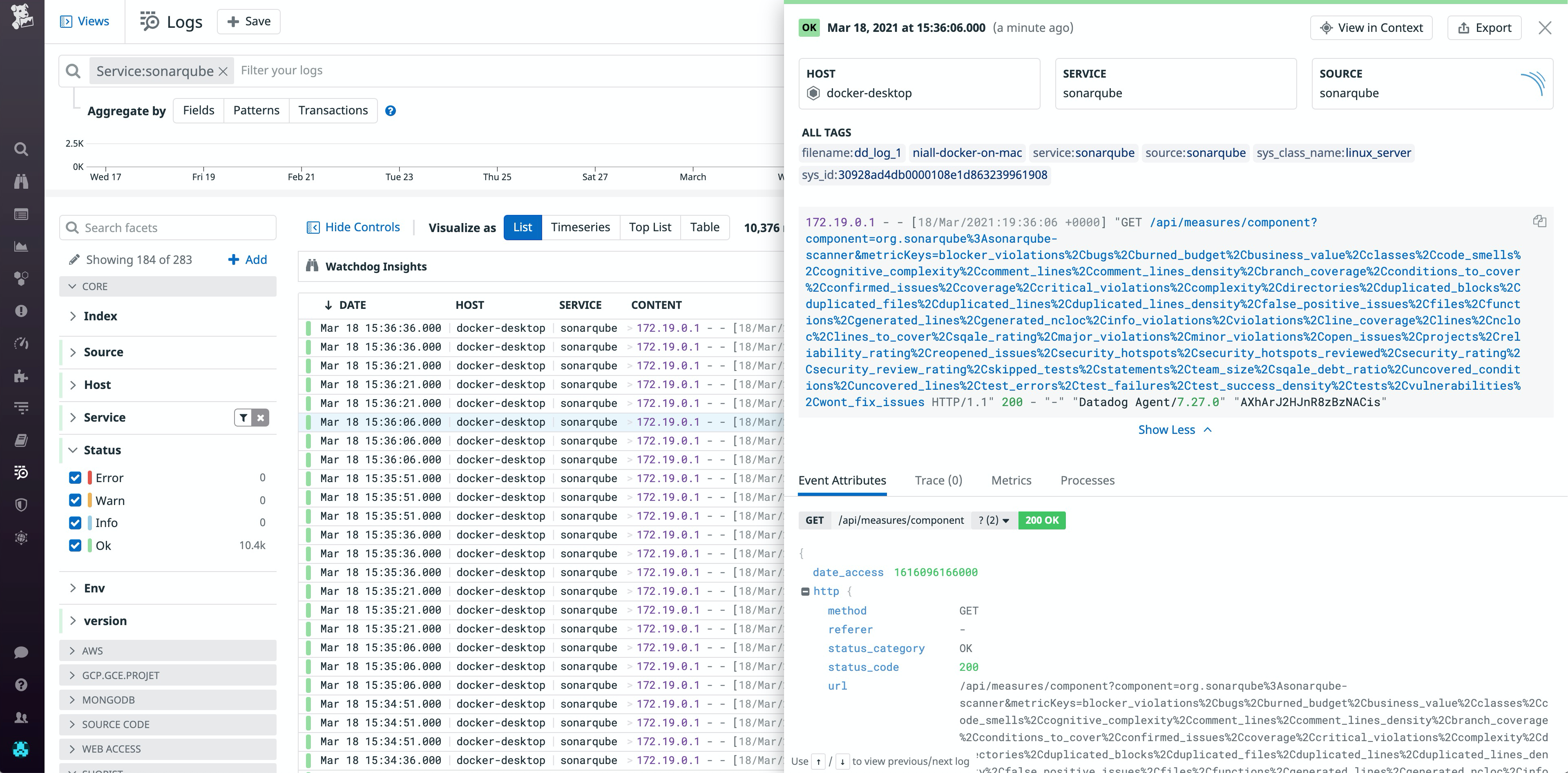 Sonarqube logs in the Datadog Log Explorer