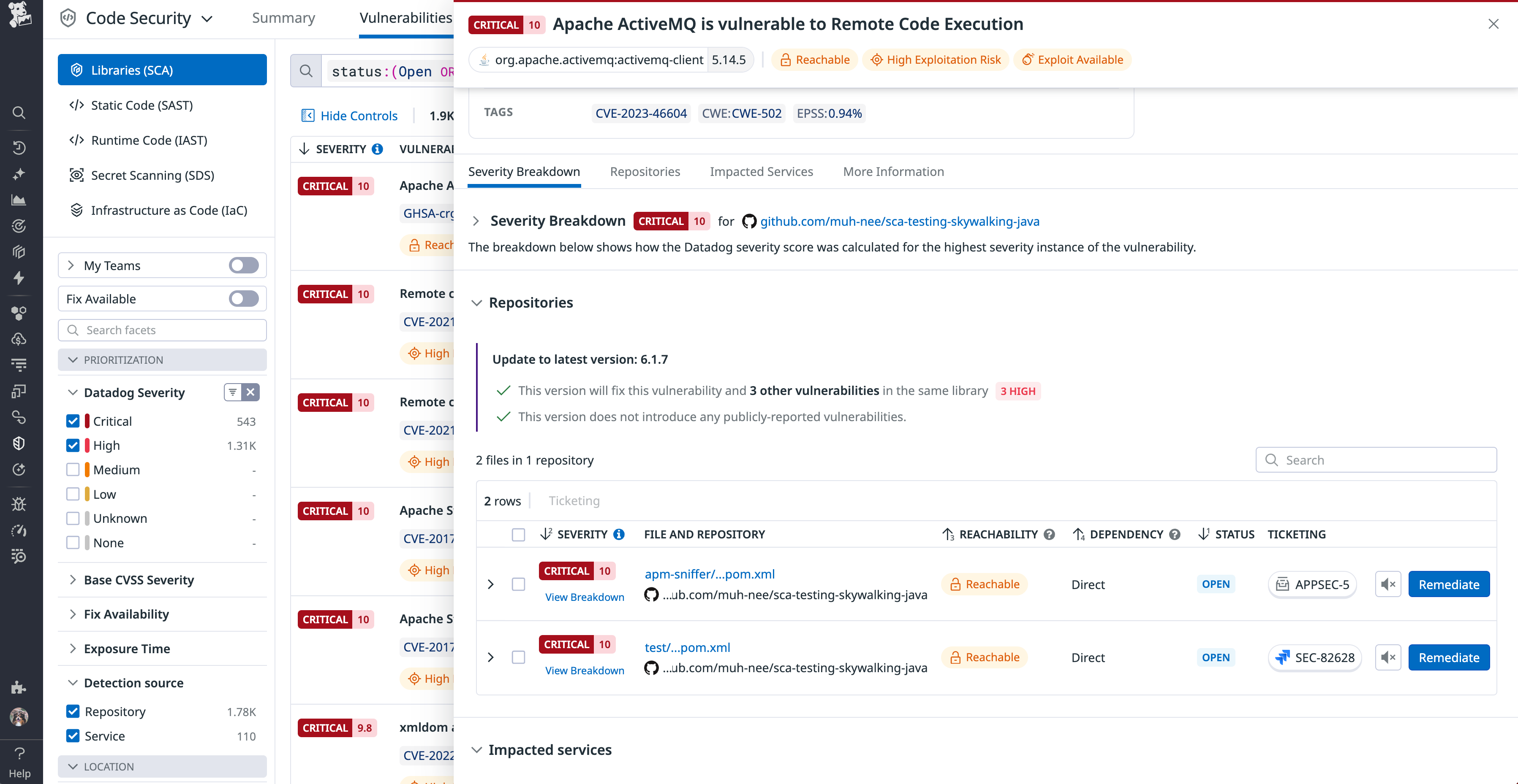 Datadog Software Composition Analysis version recommendations