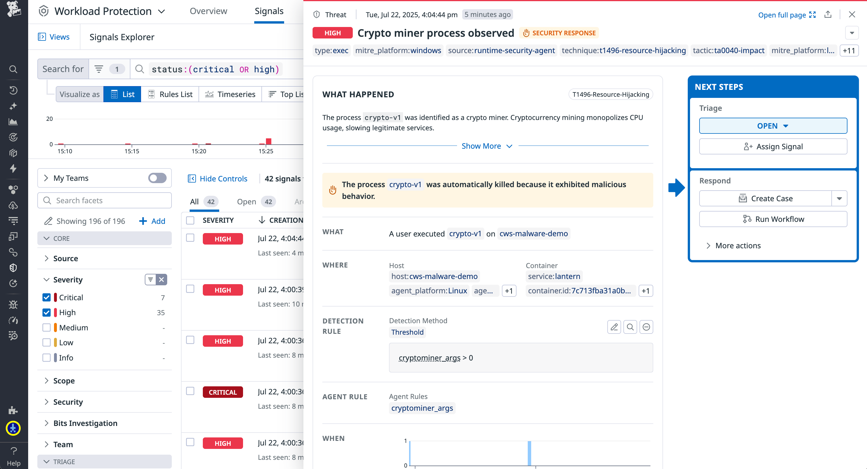 Kill cryptomining processes with Datadog Workload Protection
