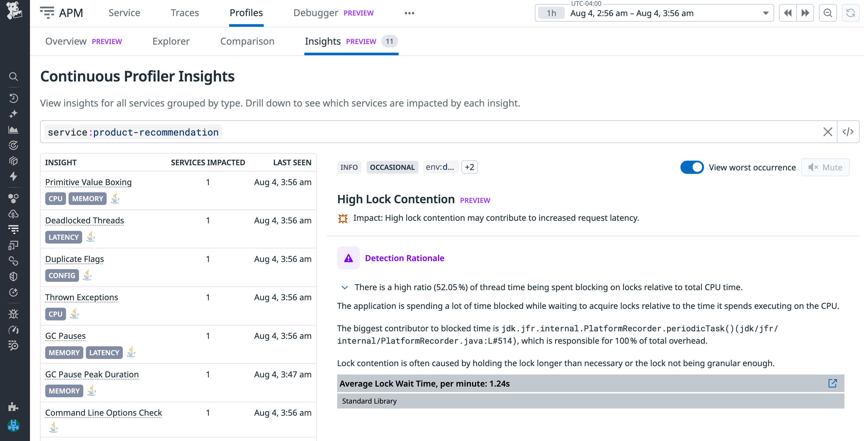 Easily identify issues such as high lock contention using the Datadog Continuous Profiler’s Insights tab.
