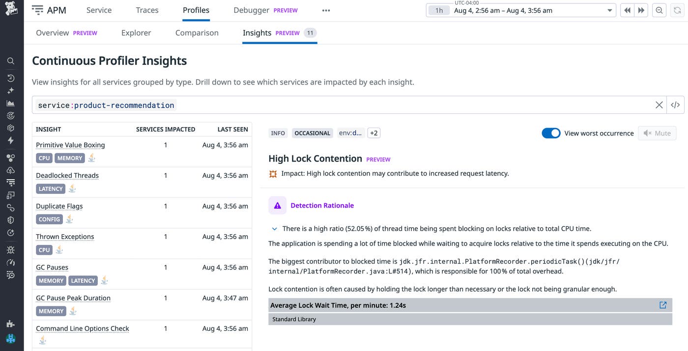 Easily identify issues such as high lock contention using the Datadog Continuous Profiler’s Insights tab. Easily identify issues such as high lock contention using the Datadog Continuous Profiler’s Insights tab.