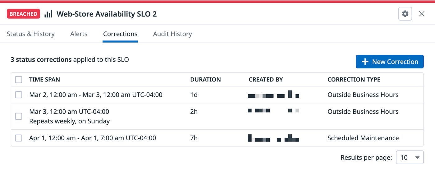 A screenshot shows a table of status corrections for the Web ELB availability SLO. The corrections listed include one scheduled maintenance, one that repeats daily, and one that repeats weekly. A screenshot shows a table of status corrections for the Web ELB availability SLO. The corrections listed include one scheduled maintenance, one that repeats daily, and one that repeats weekly.
