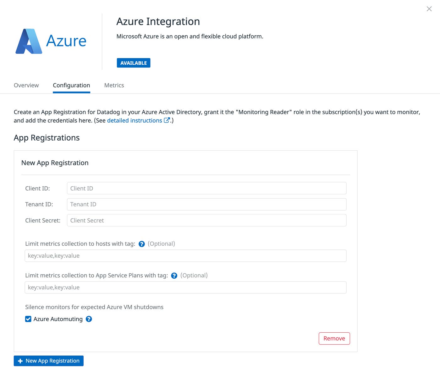 Datadog’s Azure integration tile Datadog’s Azure integration tile