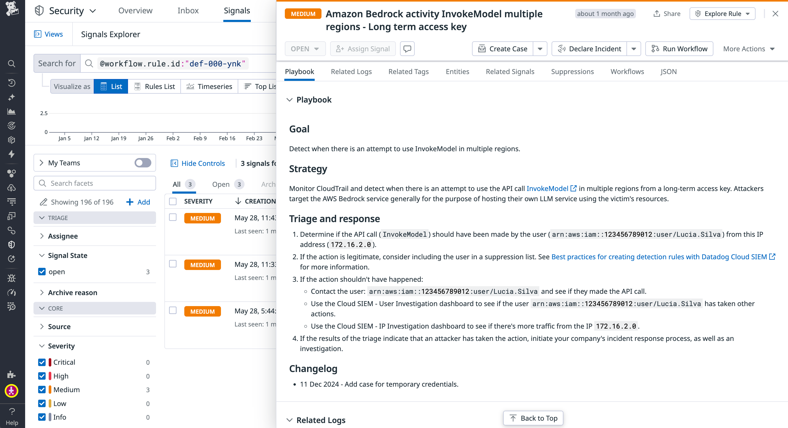 Datadog security signal showing AWS Bedrock invocations